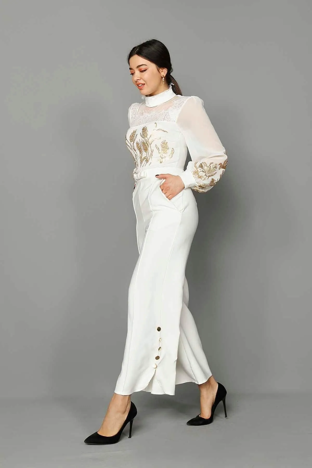 16150 Off-White Chiffon Top Jumpsuit
