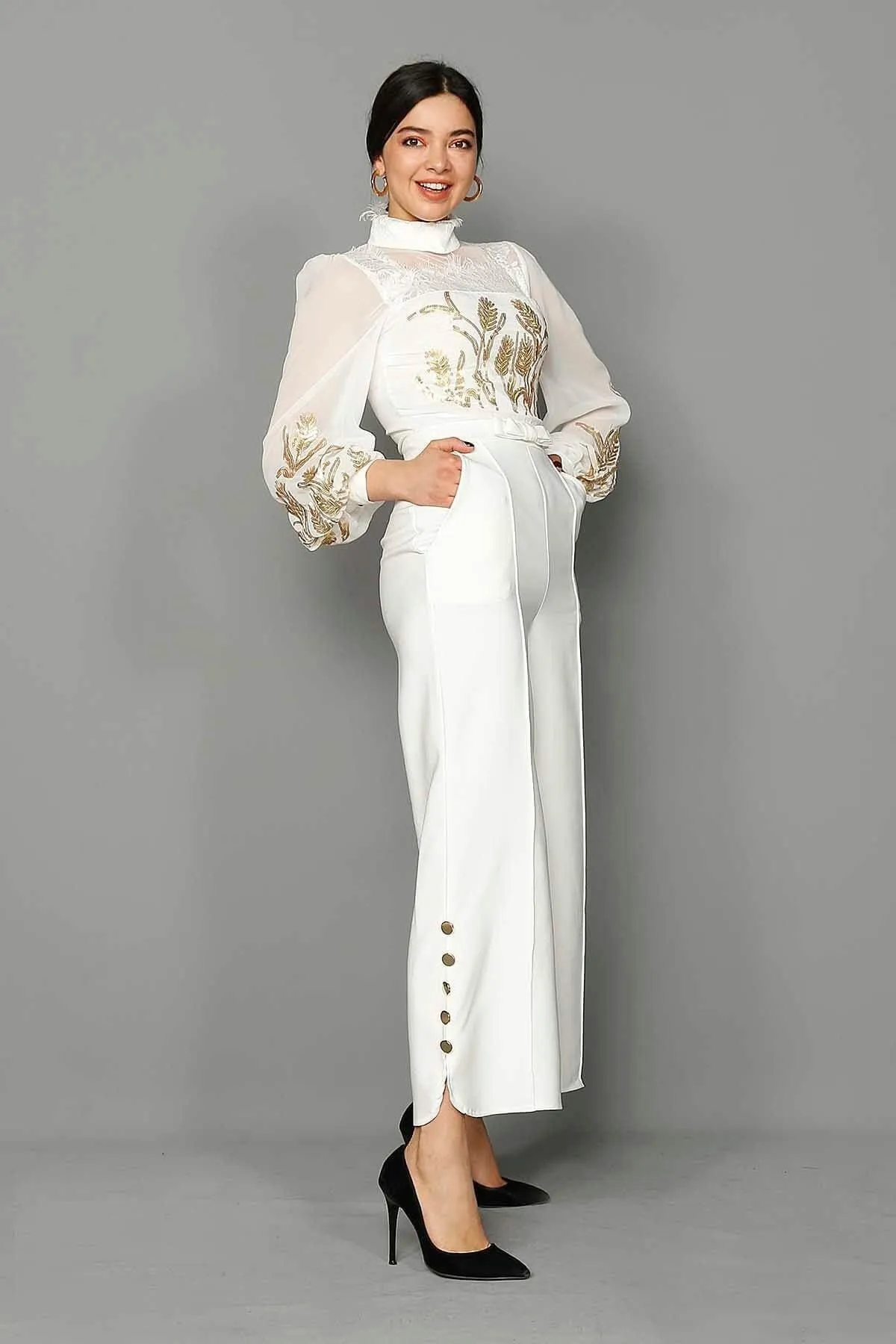 16150 Off-White Chiffon Top Jumpsuit