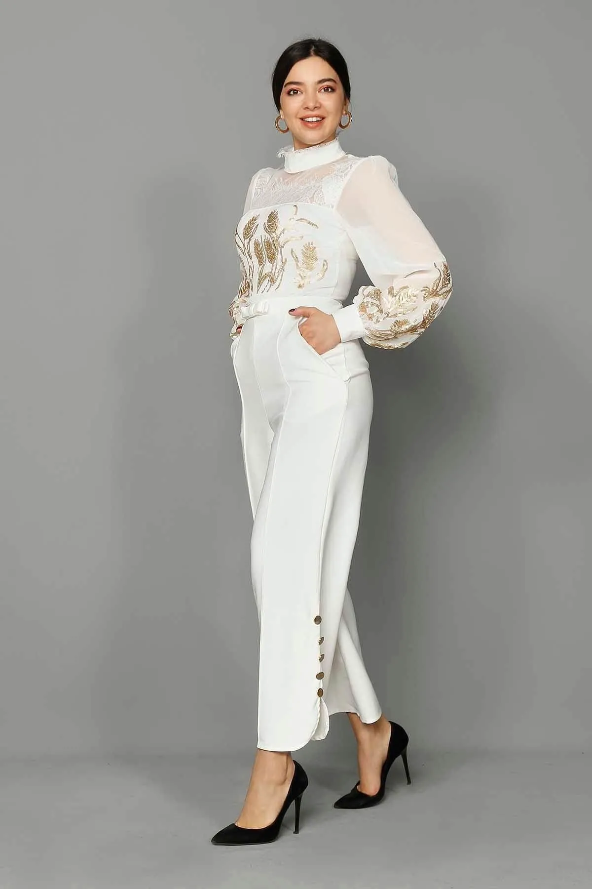 16150 Off-White Chiffon Top Jumpsuit