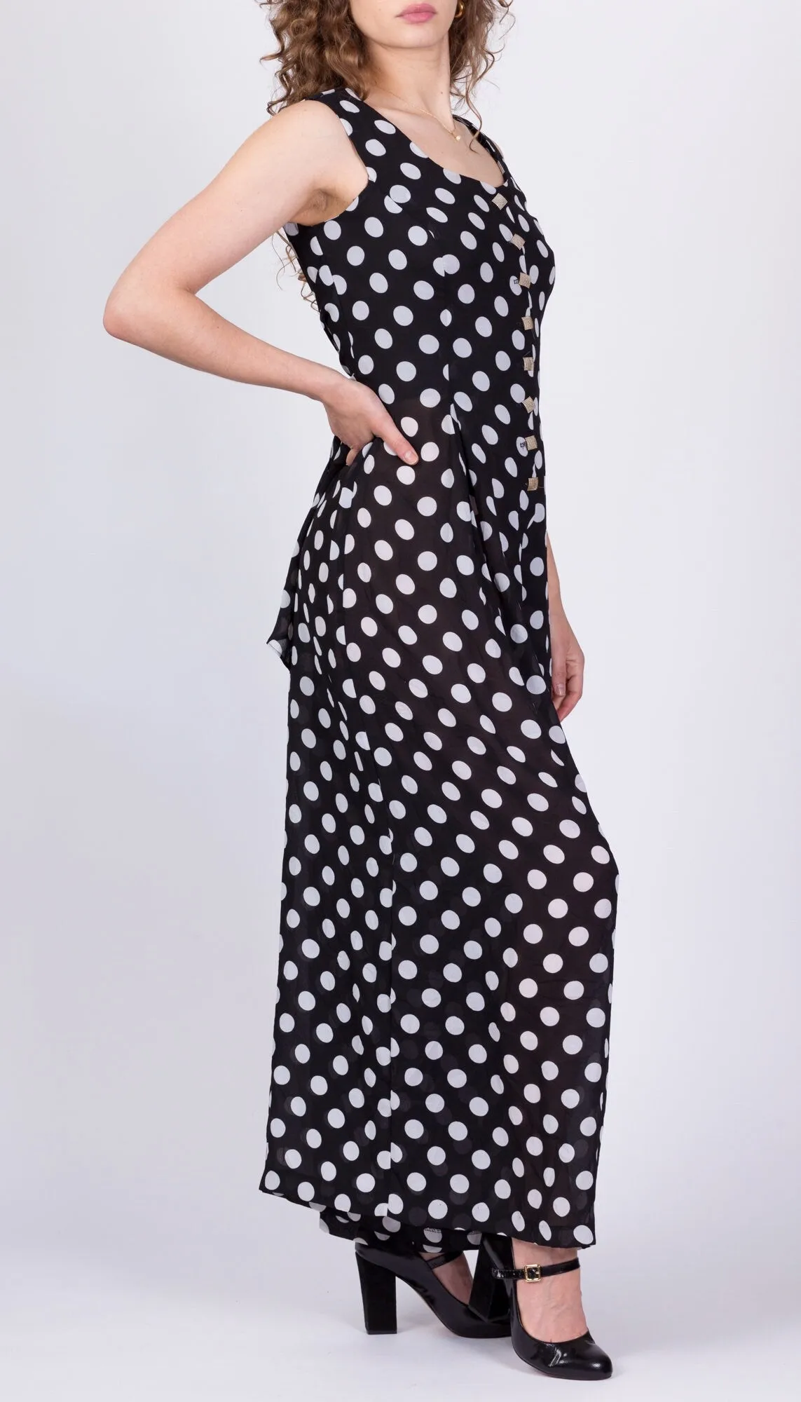 70s 80s Sheer Black & White Polka Dot Jumpsuit - Medium