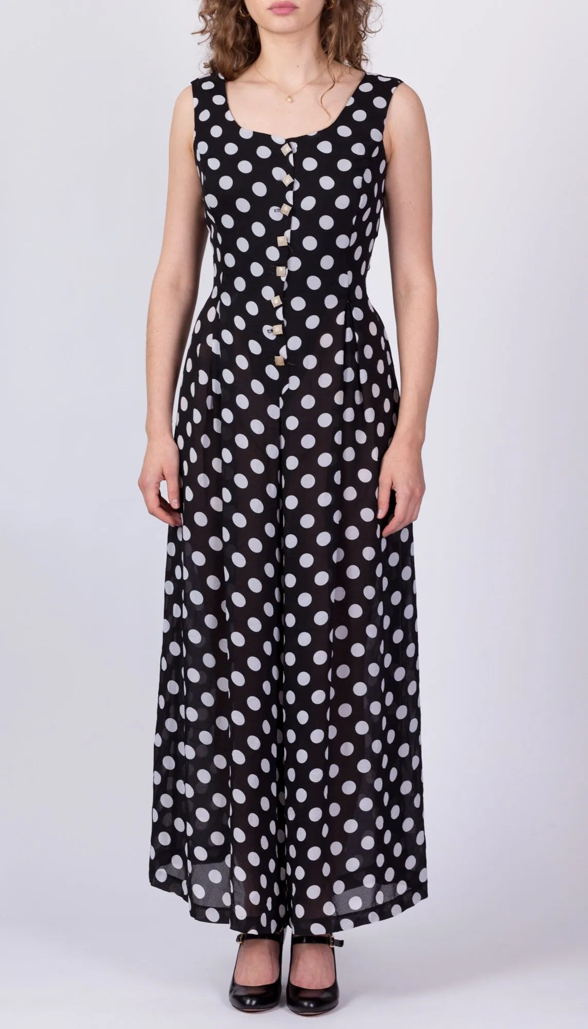 70s 80s Sheer Black & White Polka Dot Jumpsuit - Medium