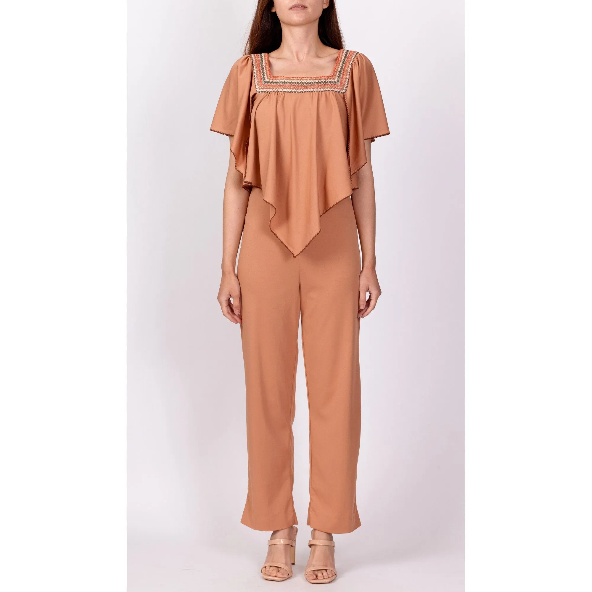 70s Embroidered Flutter Capelet Jumpsuit - XS to Petite Small