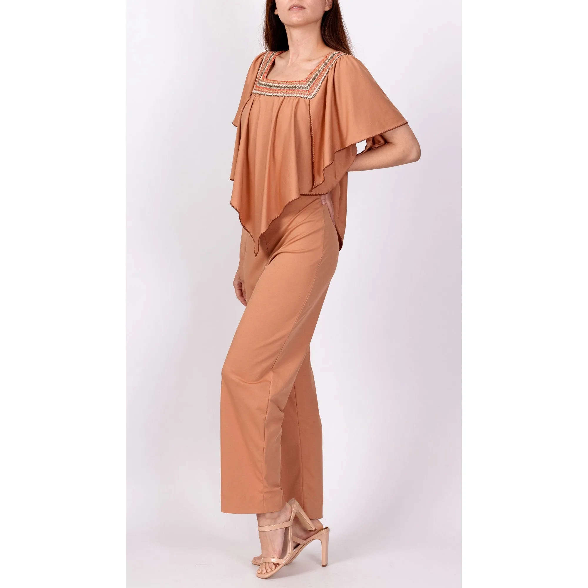 70s Embroidered Flutter Capelet Jumpsuit - XS to Petite Small