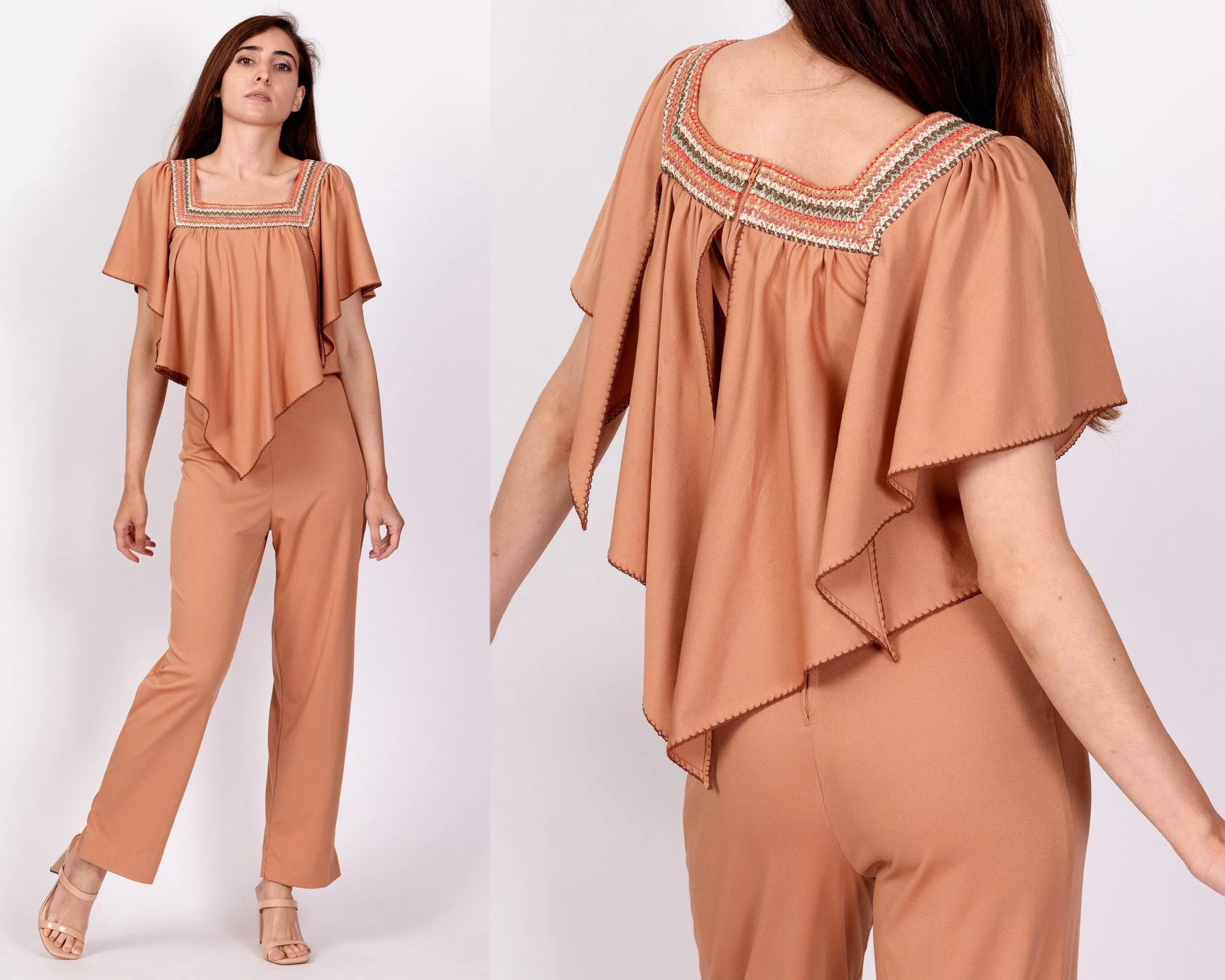 70s Embroidered Flutter Capelet Jumpsuit - XS to Petite Small