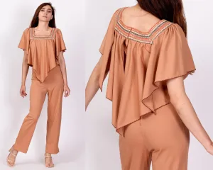 70s Embroidered Flutter Capelet Jumpsuit - XS to Petite Small