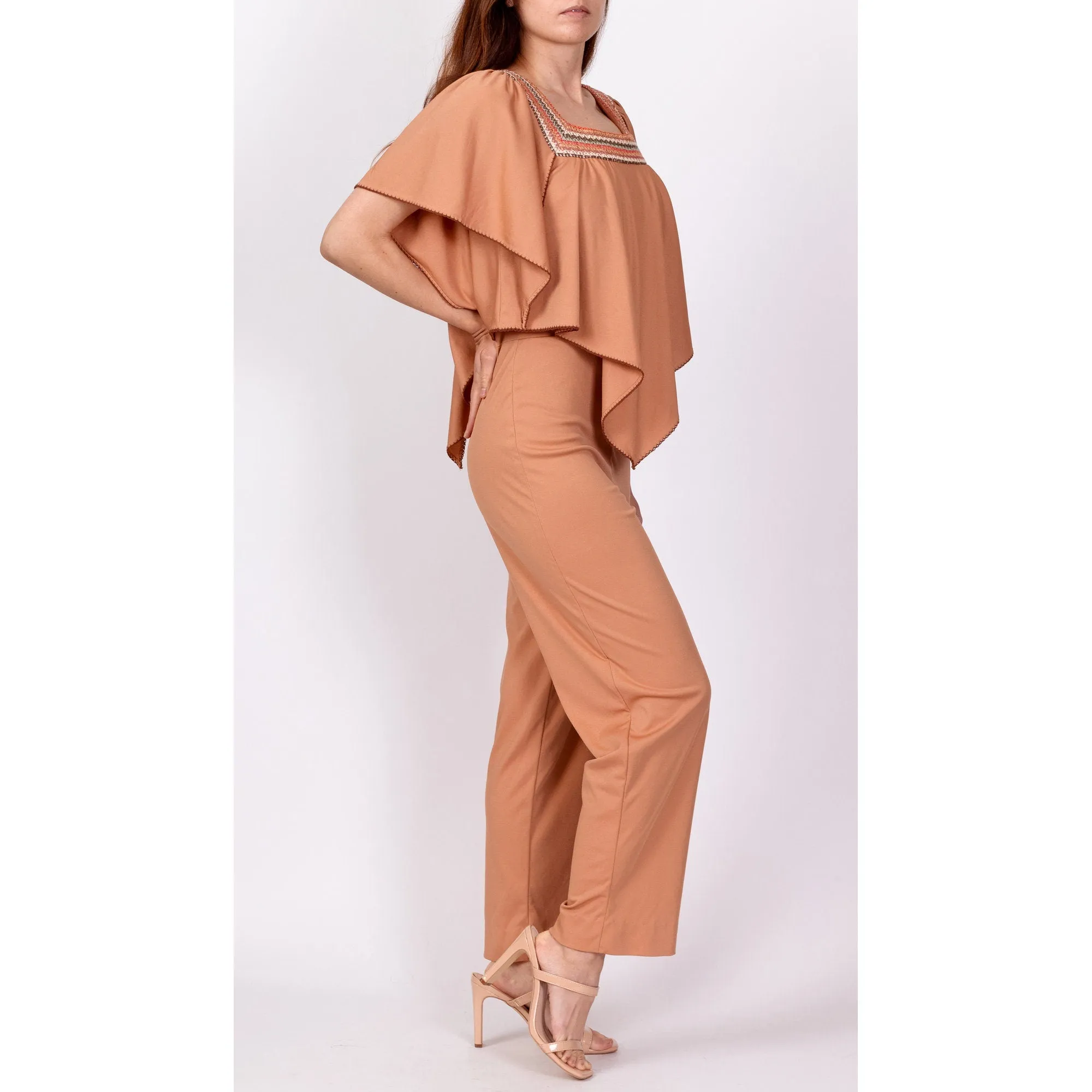70s Embroidered Flutter Capelet Jumpsuit - XS to Petite Small