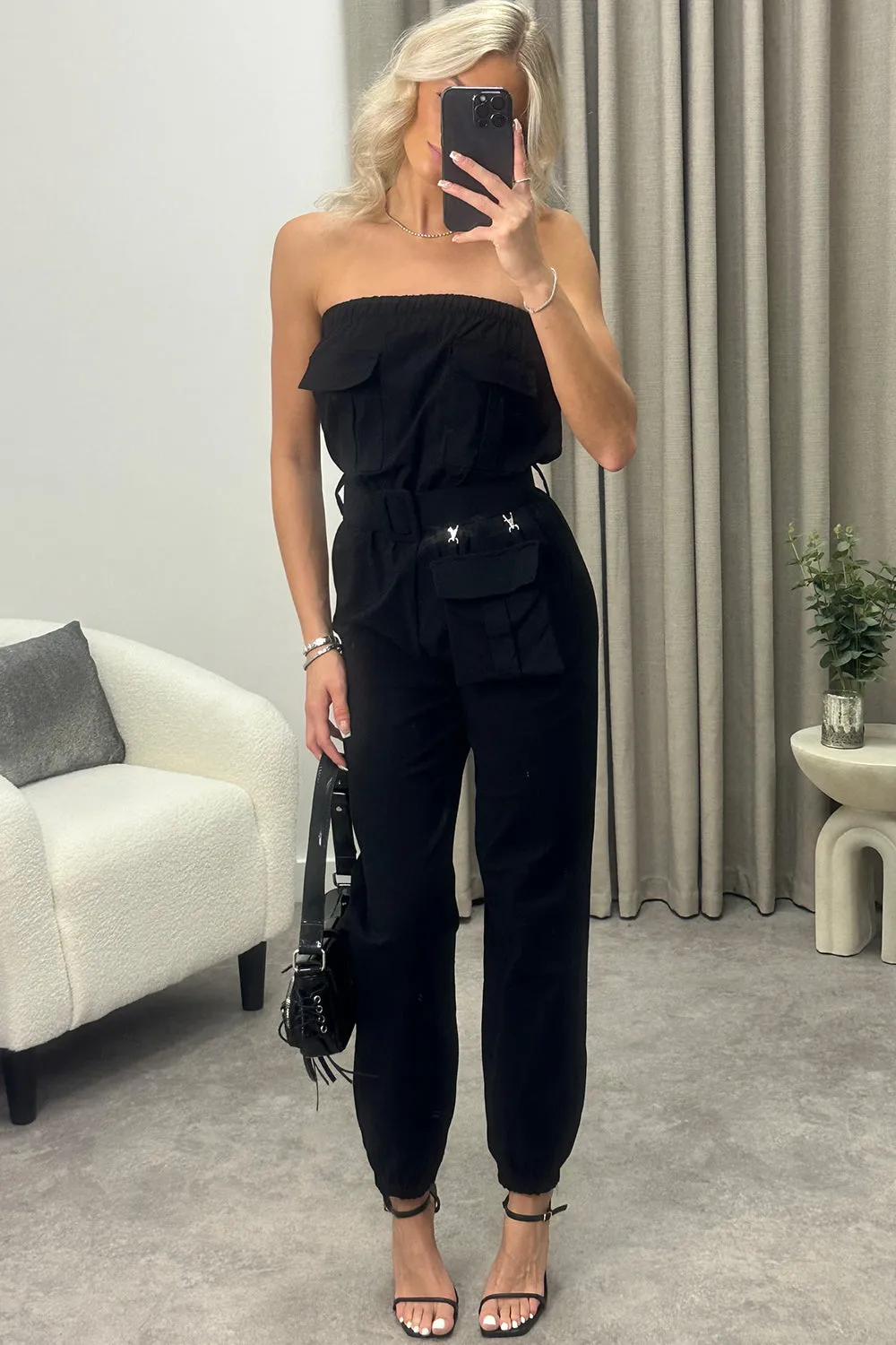 Anjalee Black Bandeau Pocket Detail Belted Cargo Jumpsuit