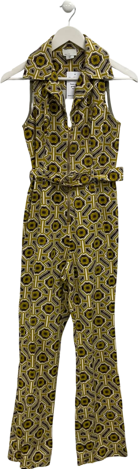 ASOS Green Retro Print Sleeveless Belted Flared Jumpsuit UK 8