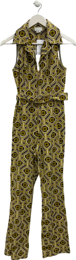 ASOS Green Retro Print Sleeveless Belted Flared Jumpsuit UK 8