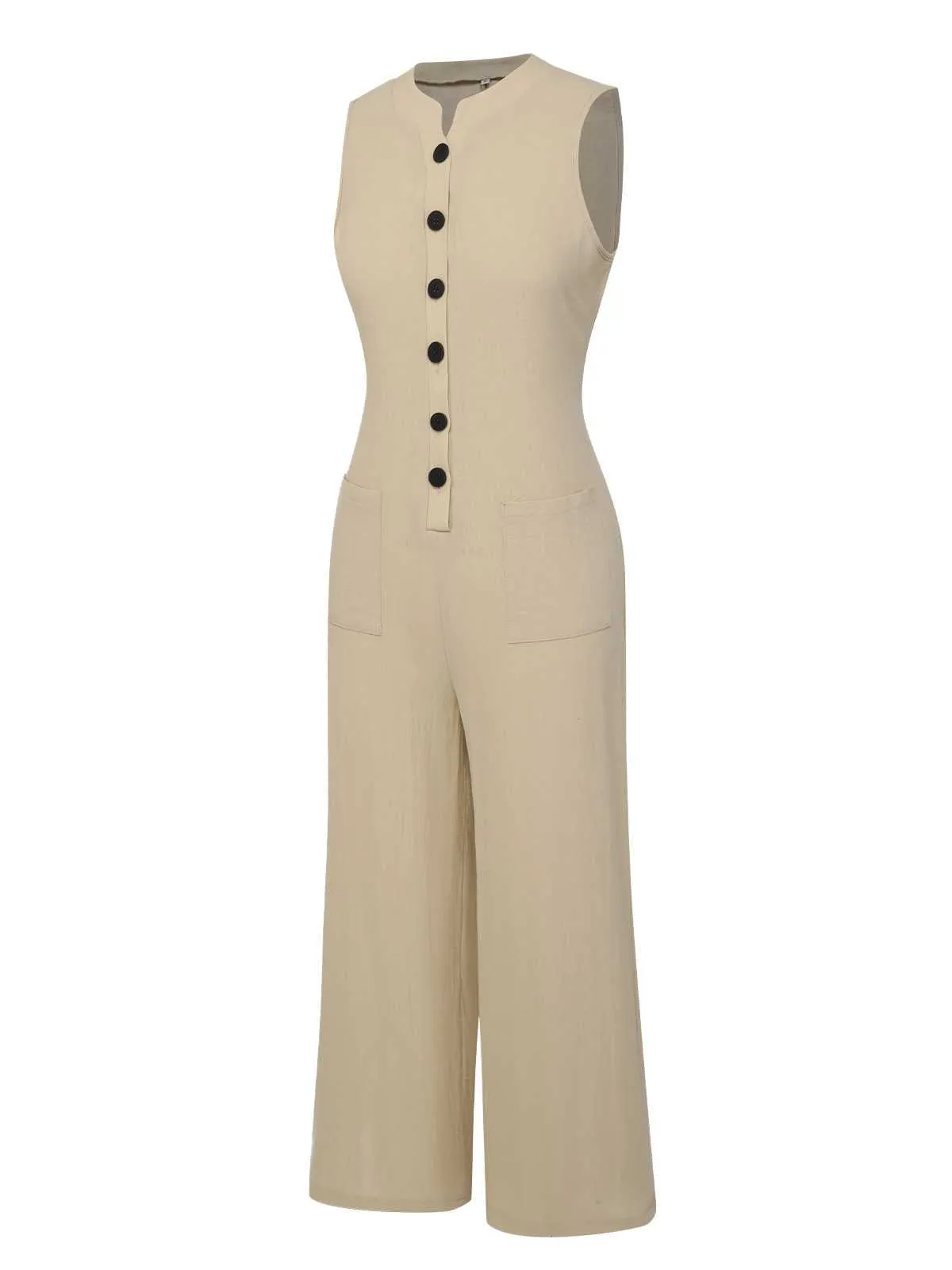 Beige 1940s Pockets Solid Sleeveless Jumpsuit