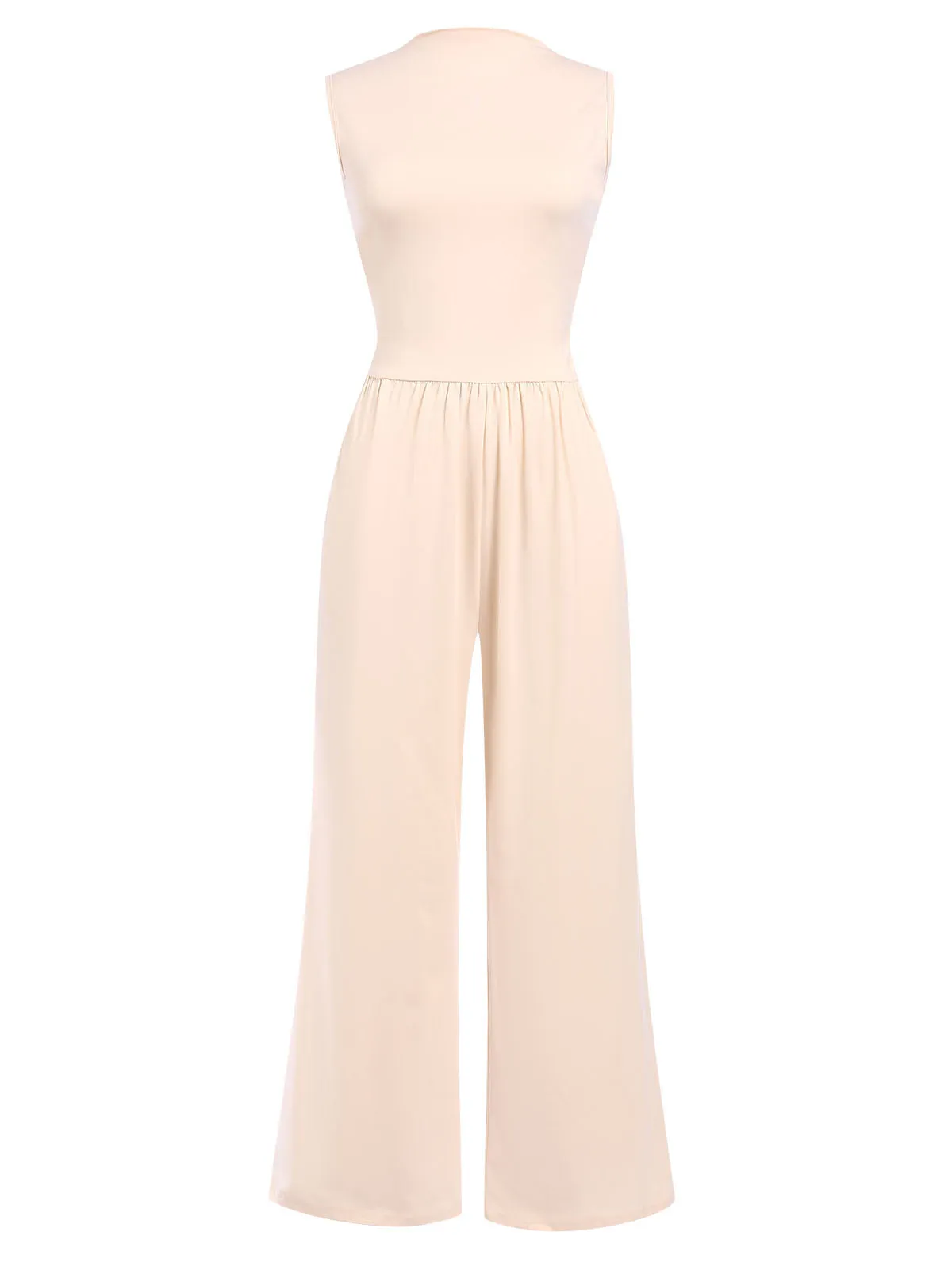 Beige 1940s Solid High Neck Jumpsuit