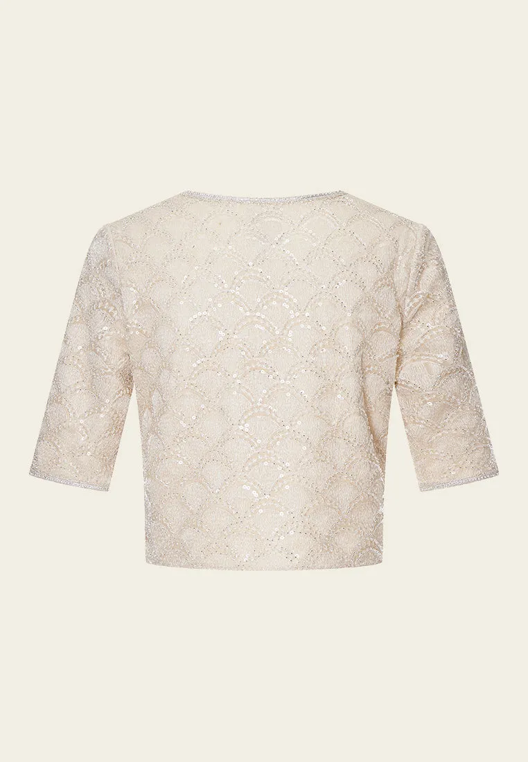 Beige Embroidered Mesh Mid-sleeves Crop Jacket