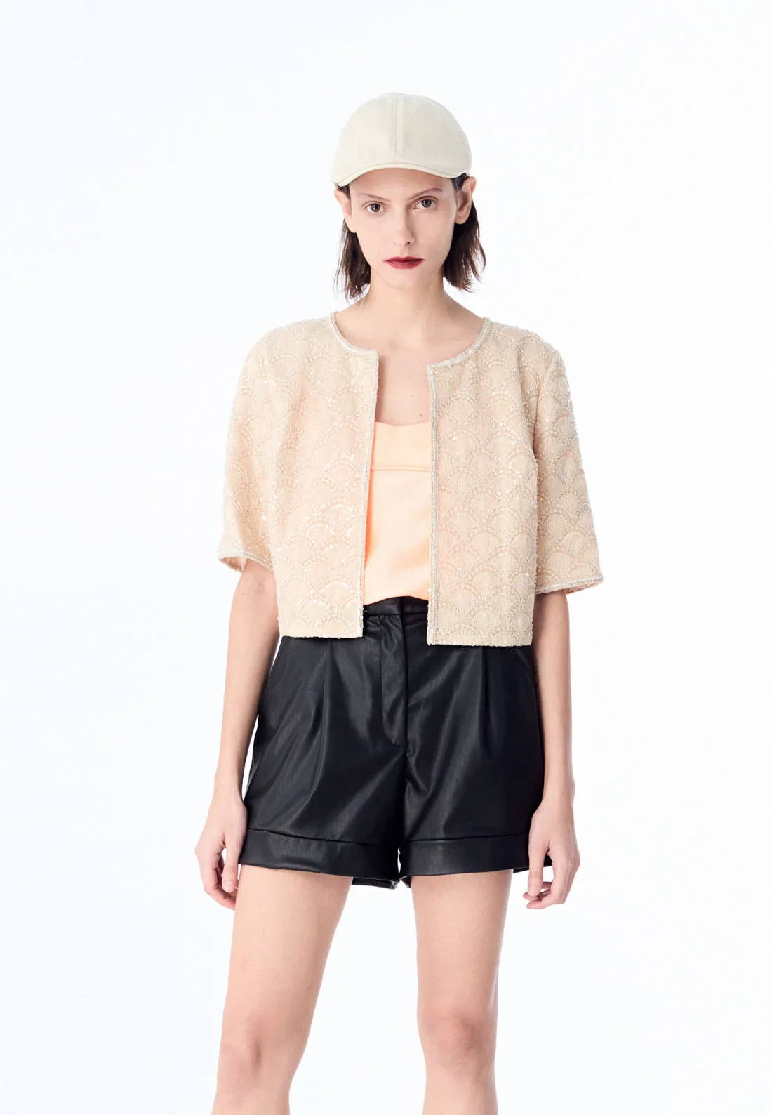 Beige Embroidered Mesh Mid-sleeves Crop Jacket