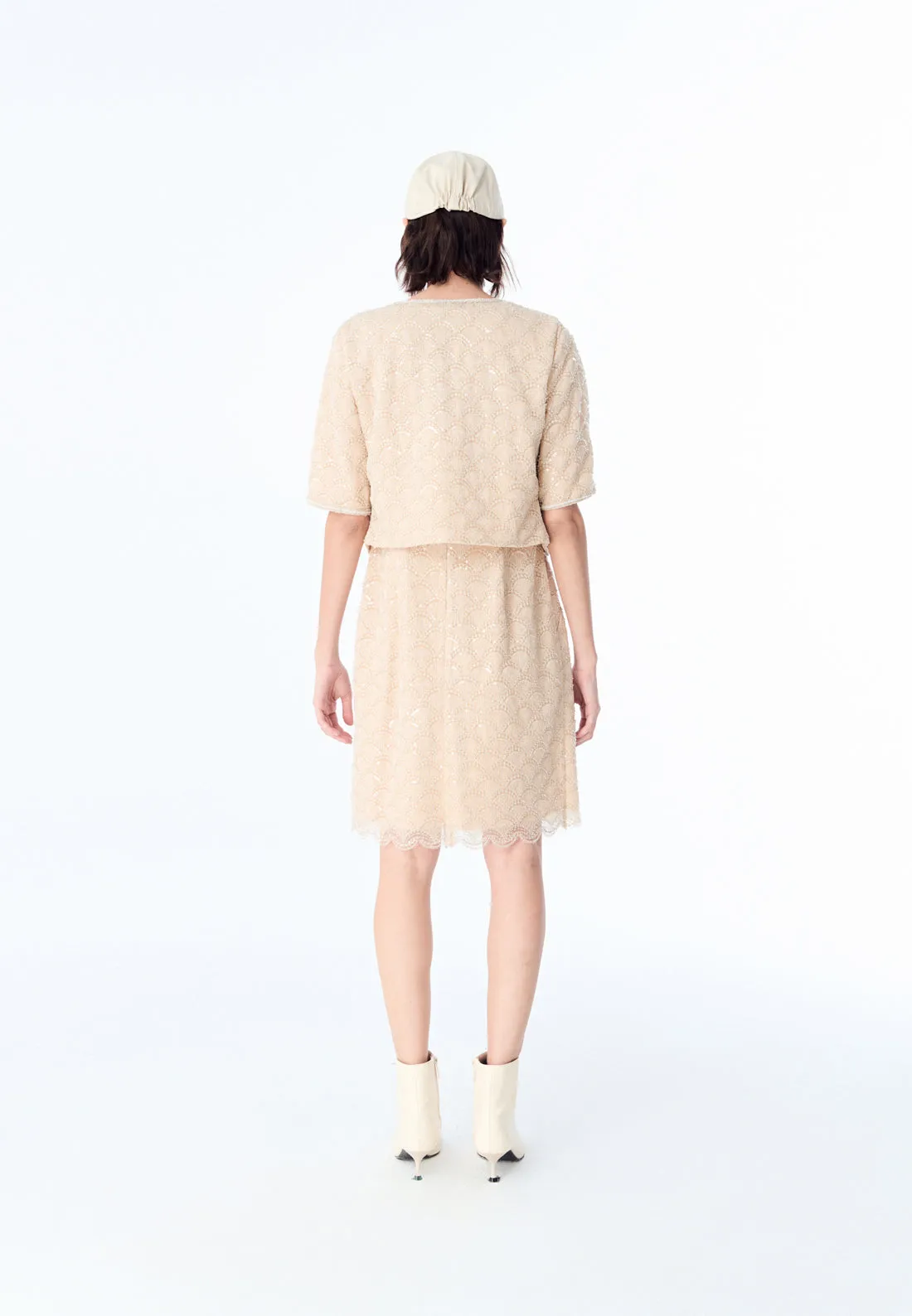 Beige Embroidered Mesh Mid-sleeves Crop Jacket