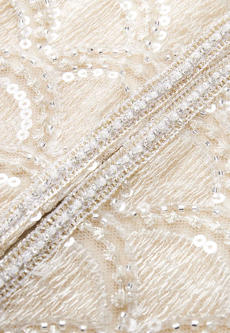 Beige Embroidered Mesh Mid-sleeves Crop Jacket