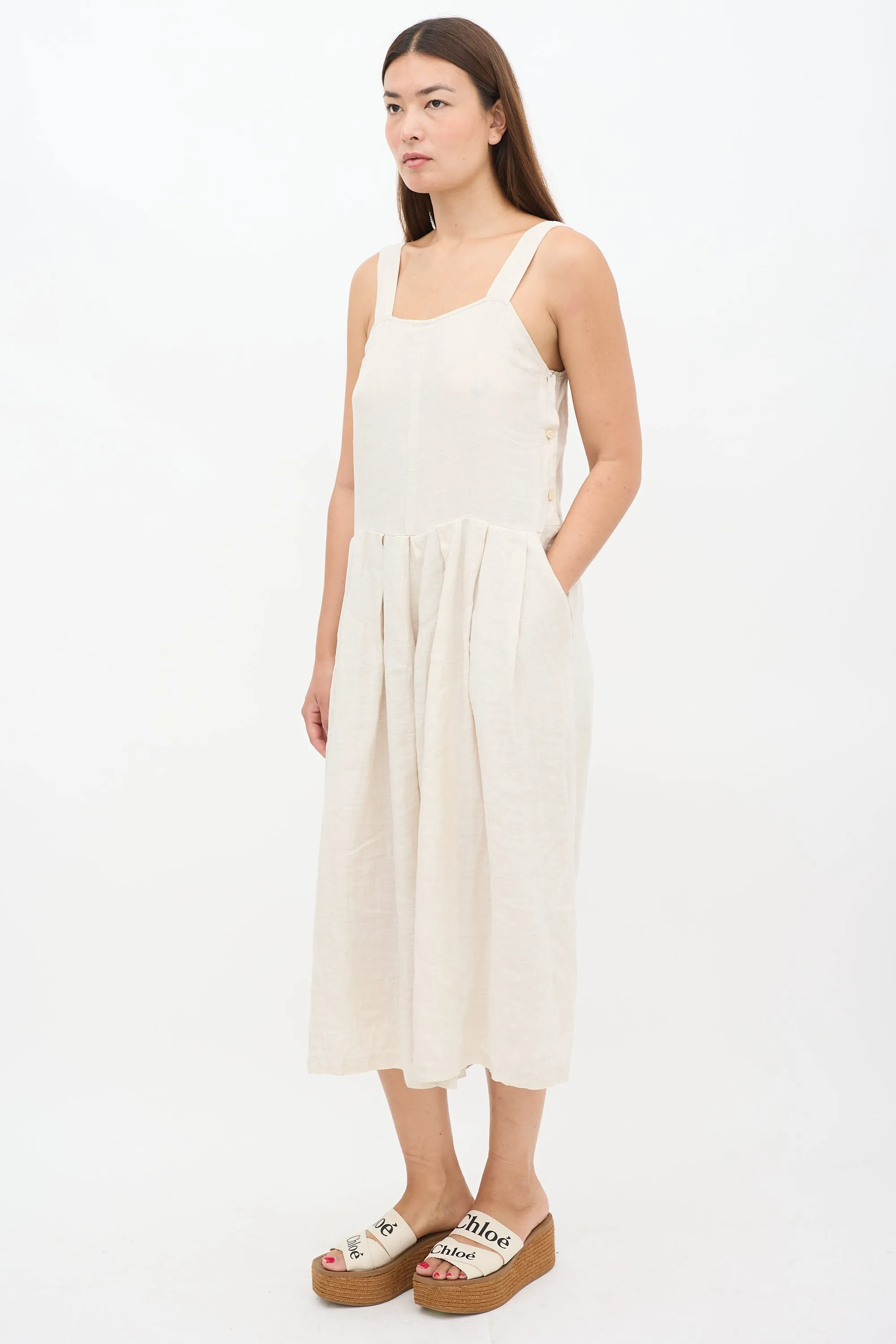 Beige Linen Wide Pleated Cropped Jumpsuit