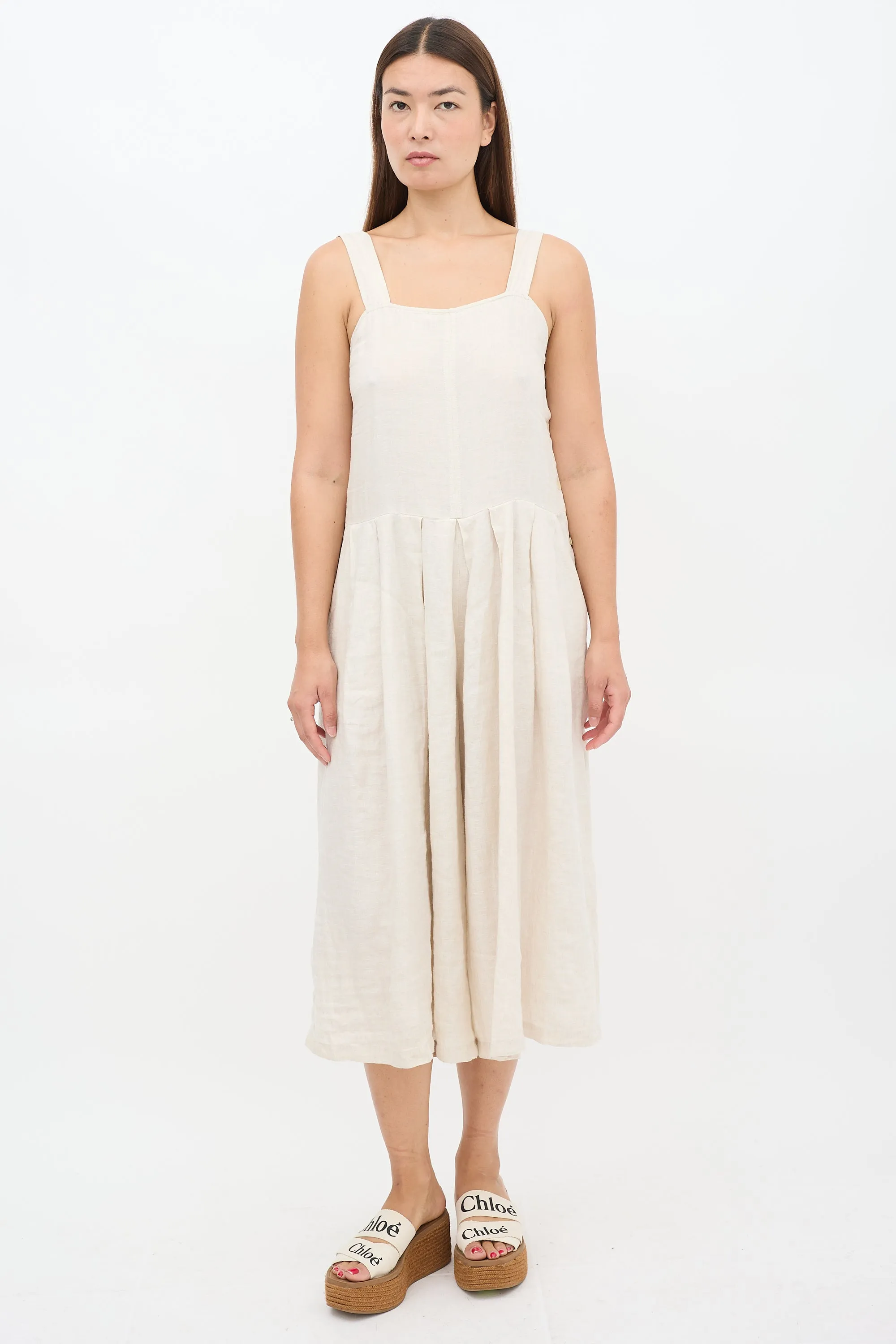 Beige Linen Wide Pleated Cropped Jumpsuit