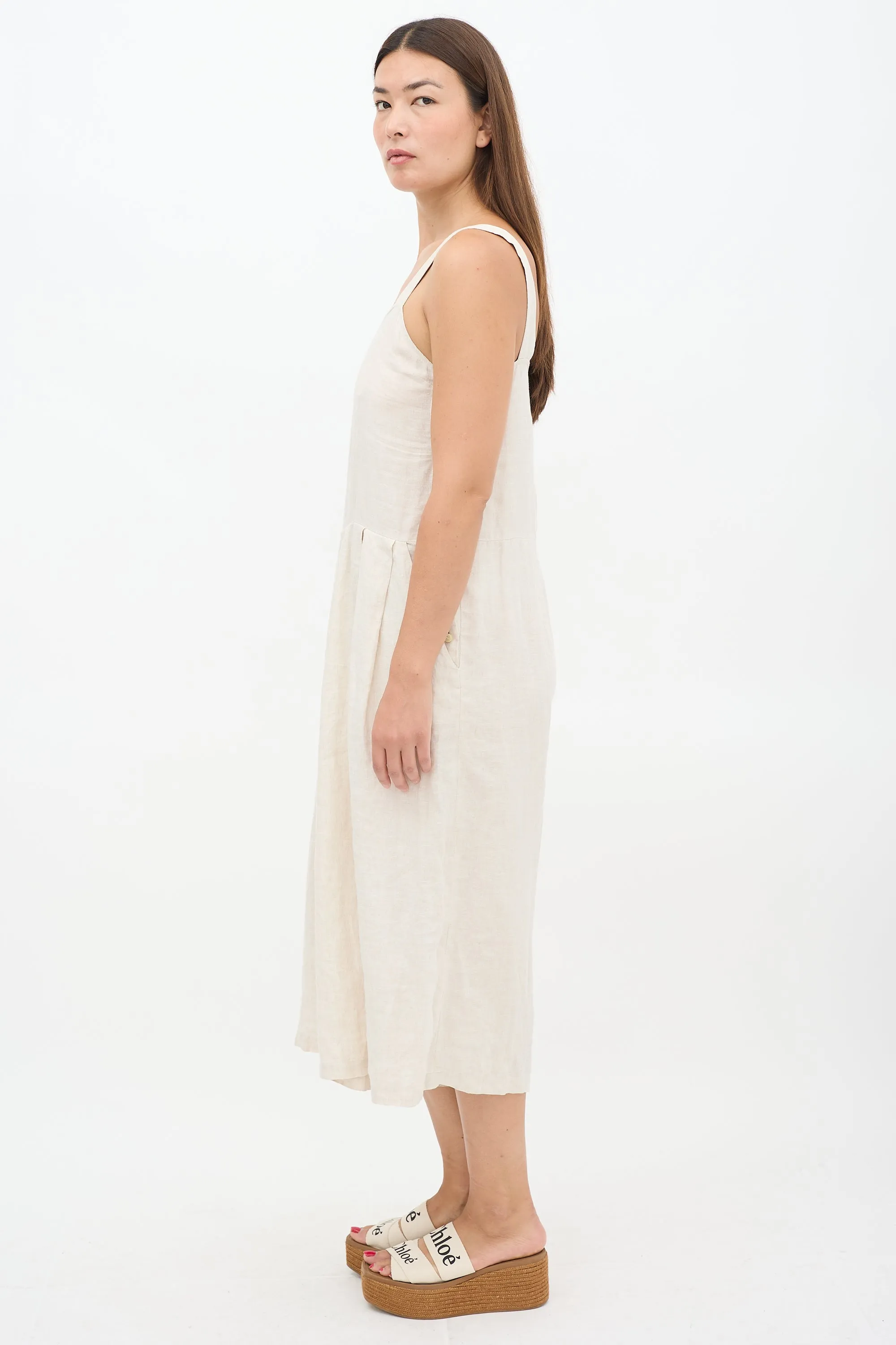 Beige Linen Wide Pleated Cropped Jumpsuit