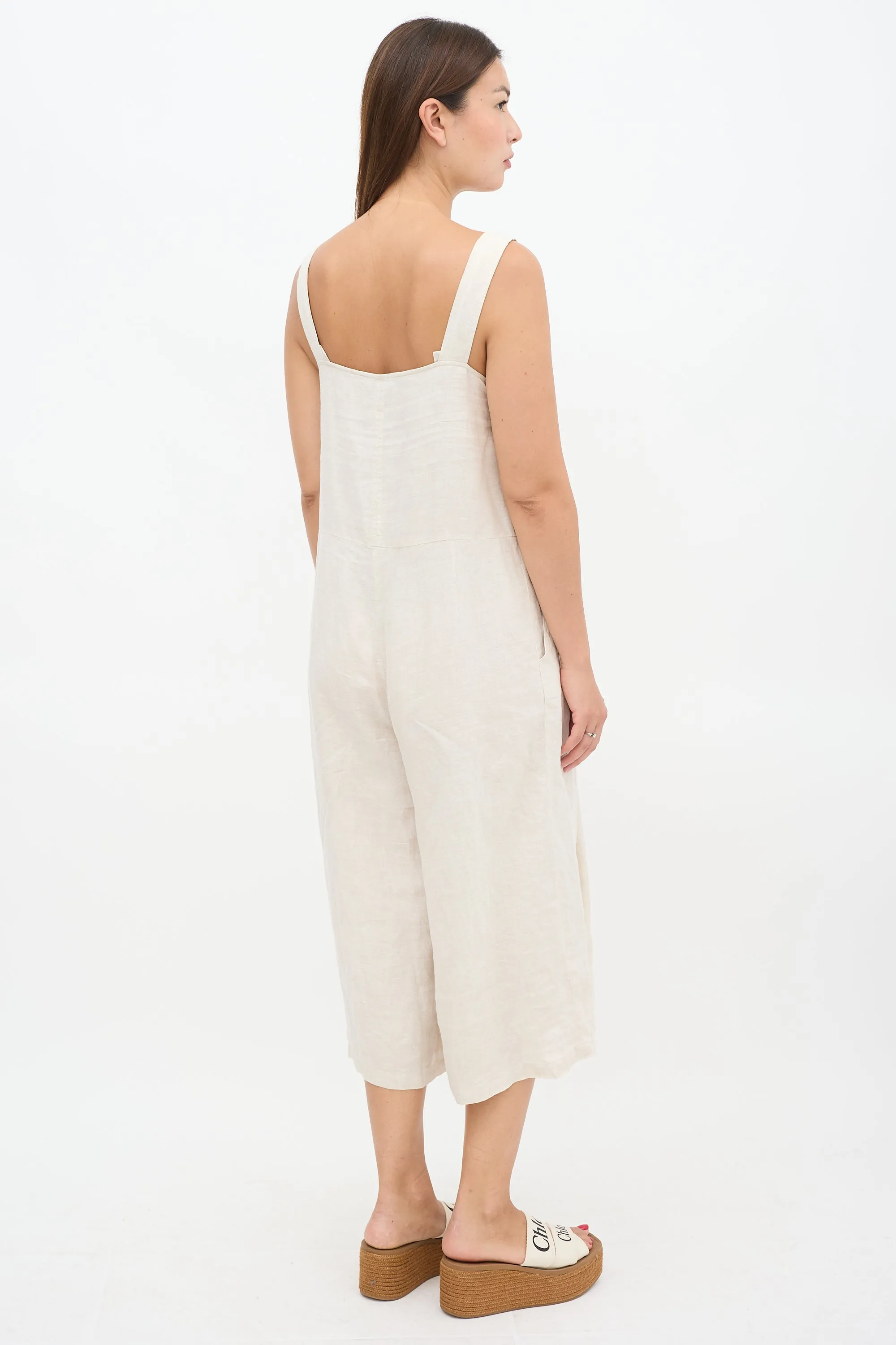 Beige Linen Wide Pleated Cropped Jumpsuit
