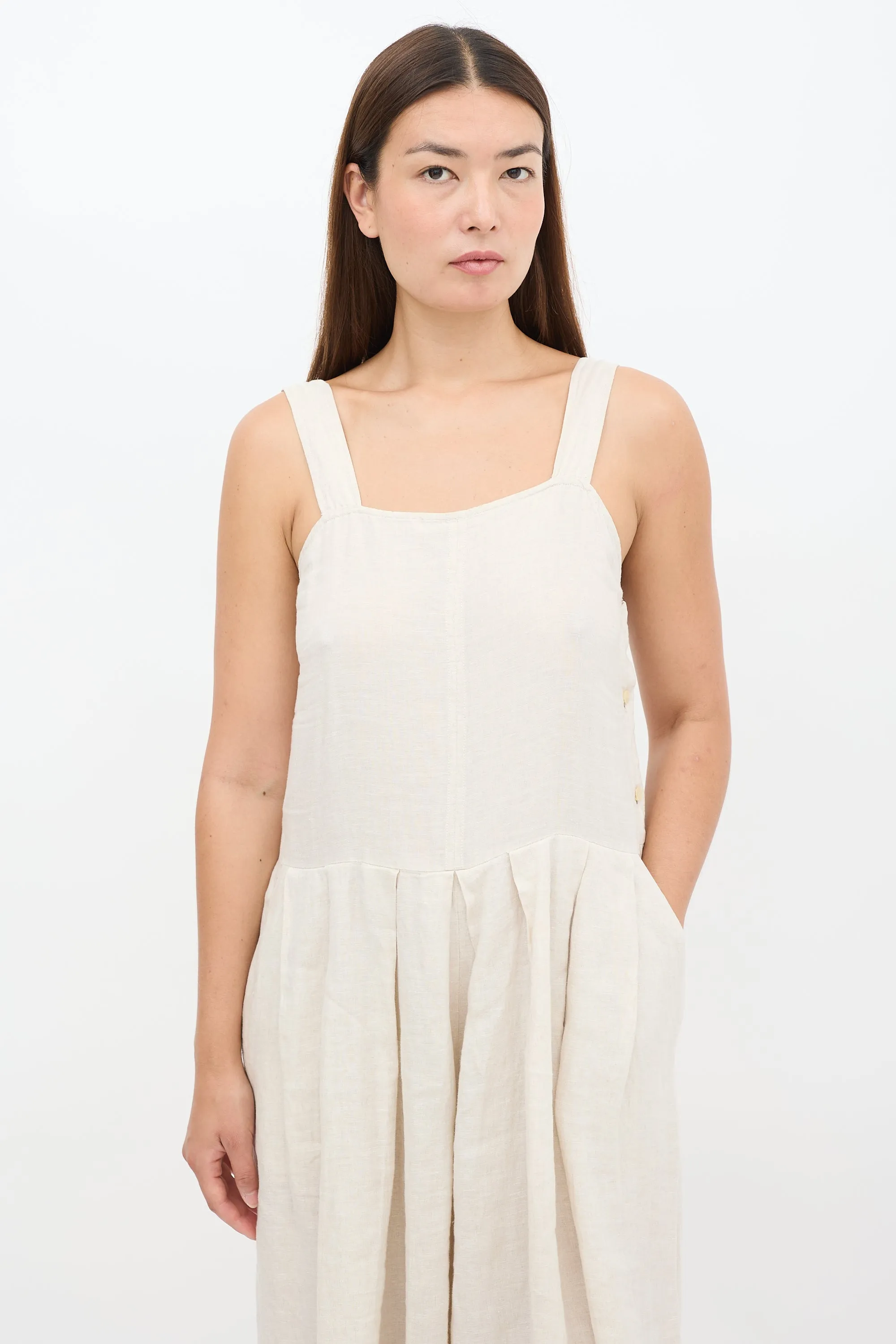 Beige Linen Wide Pleated Cropped Jumpsuit