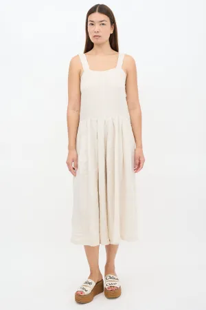 Beige Linen Wide Pleated Cropped Jumpsuit