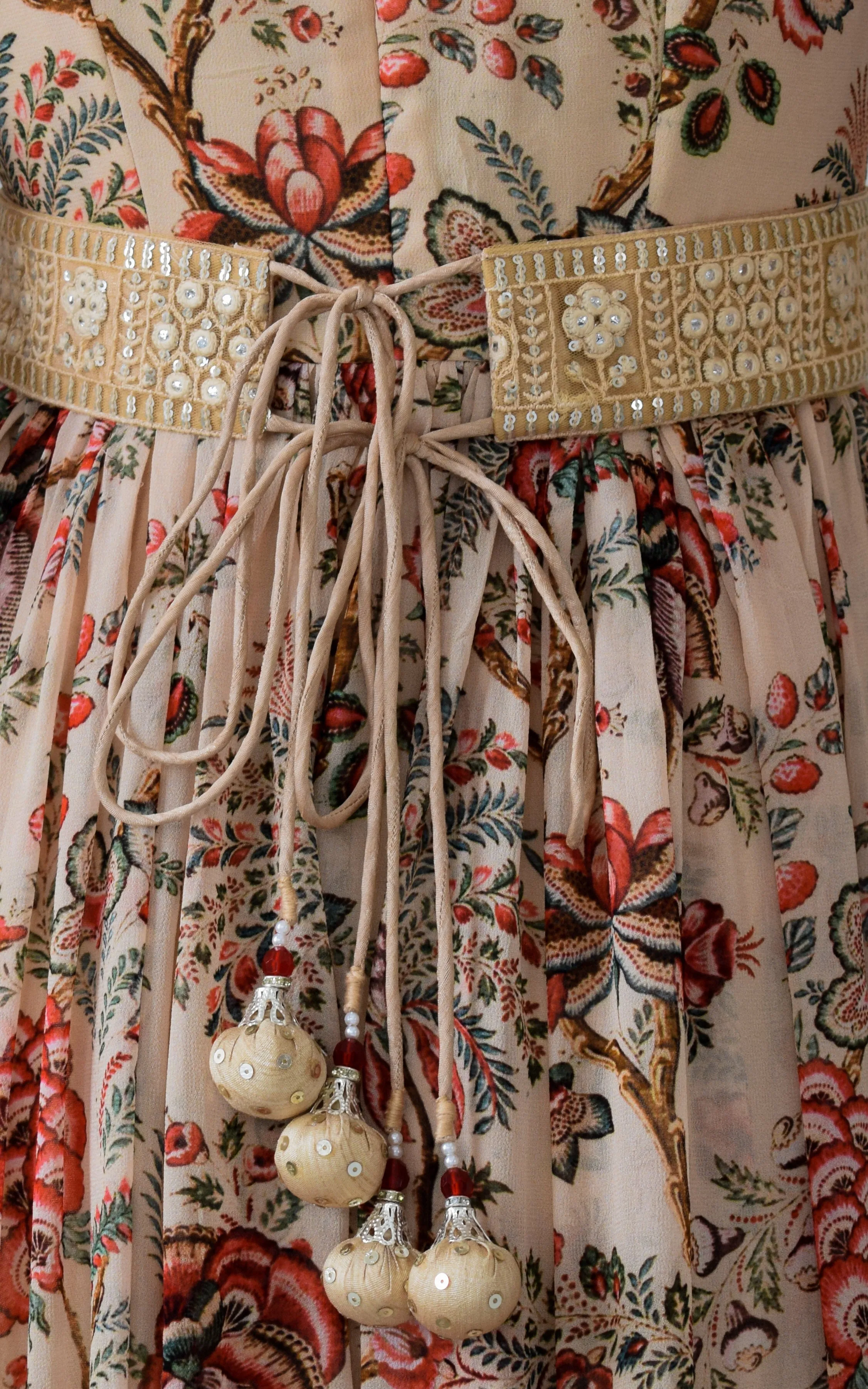 Beige Red Floral Printed Georgette Mirrorwork Jumpsuit