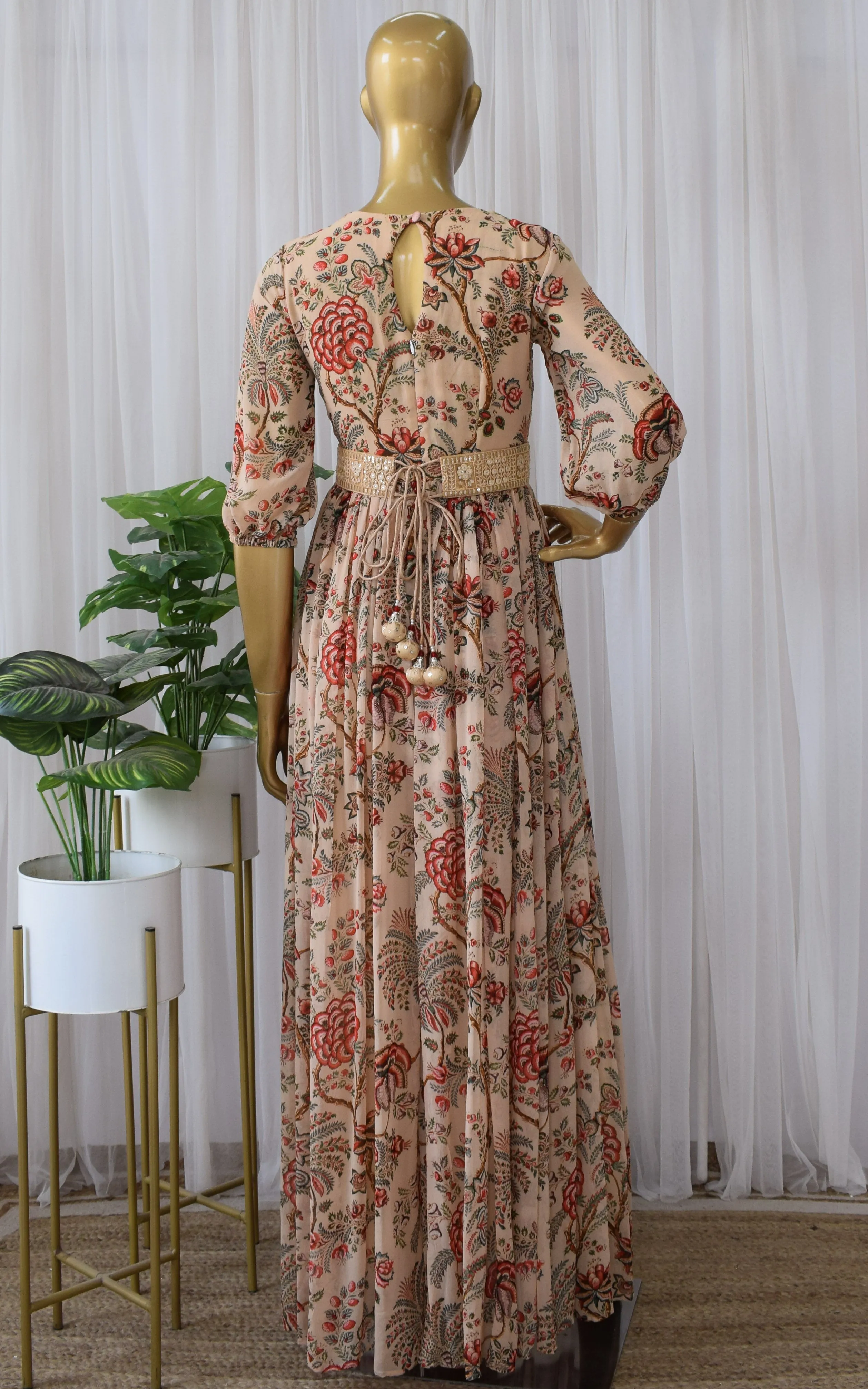 Beige Red Floral Printed Georgette Mirrorwork Jumpsuit