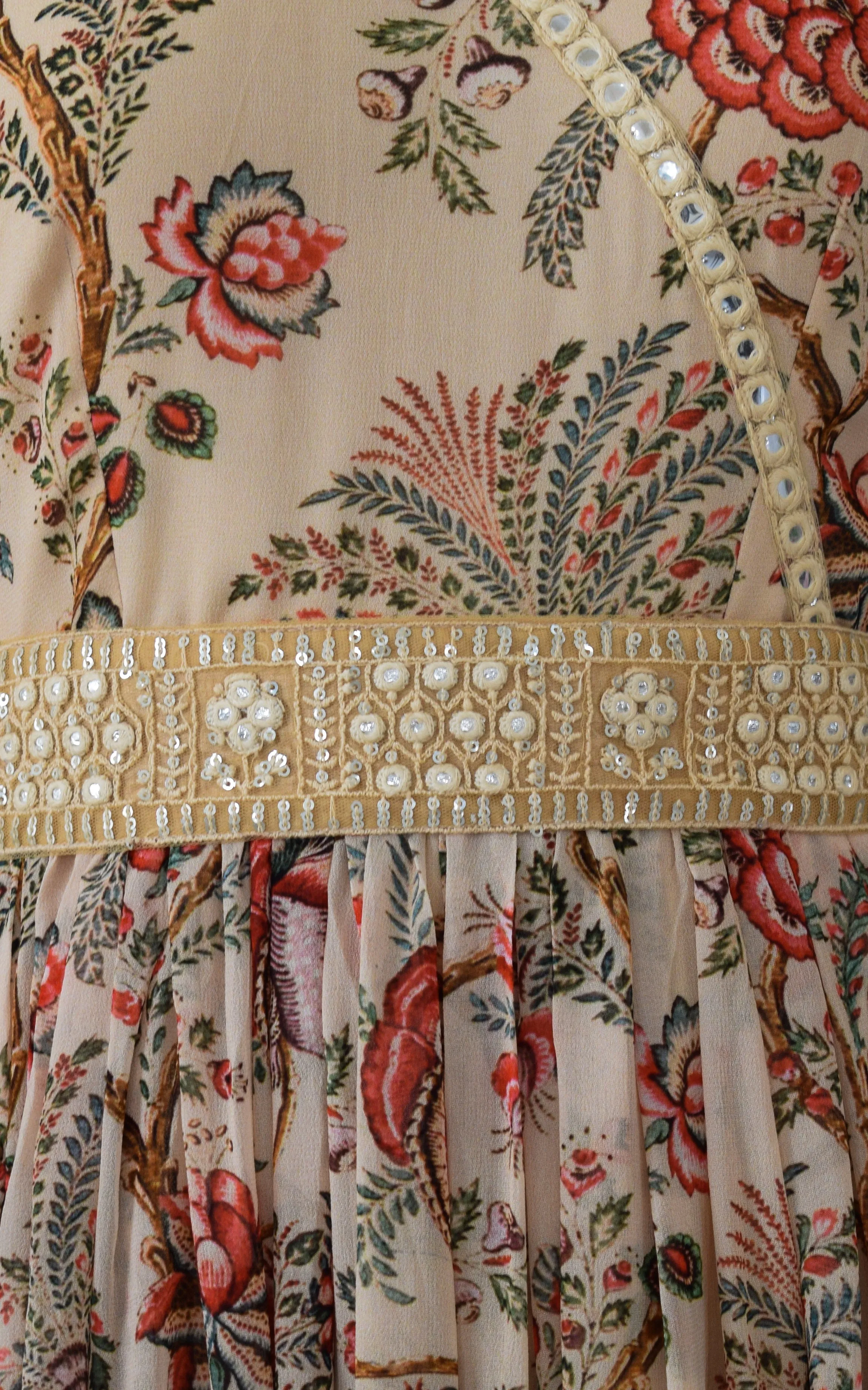 Beige Red Floral Printed Georgette Mirrorwork Jumpsuit