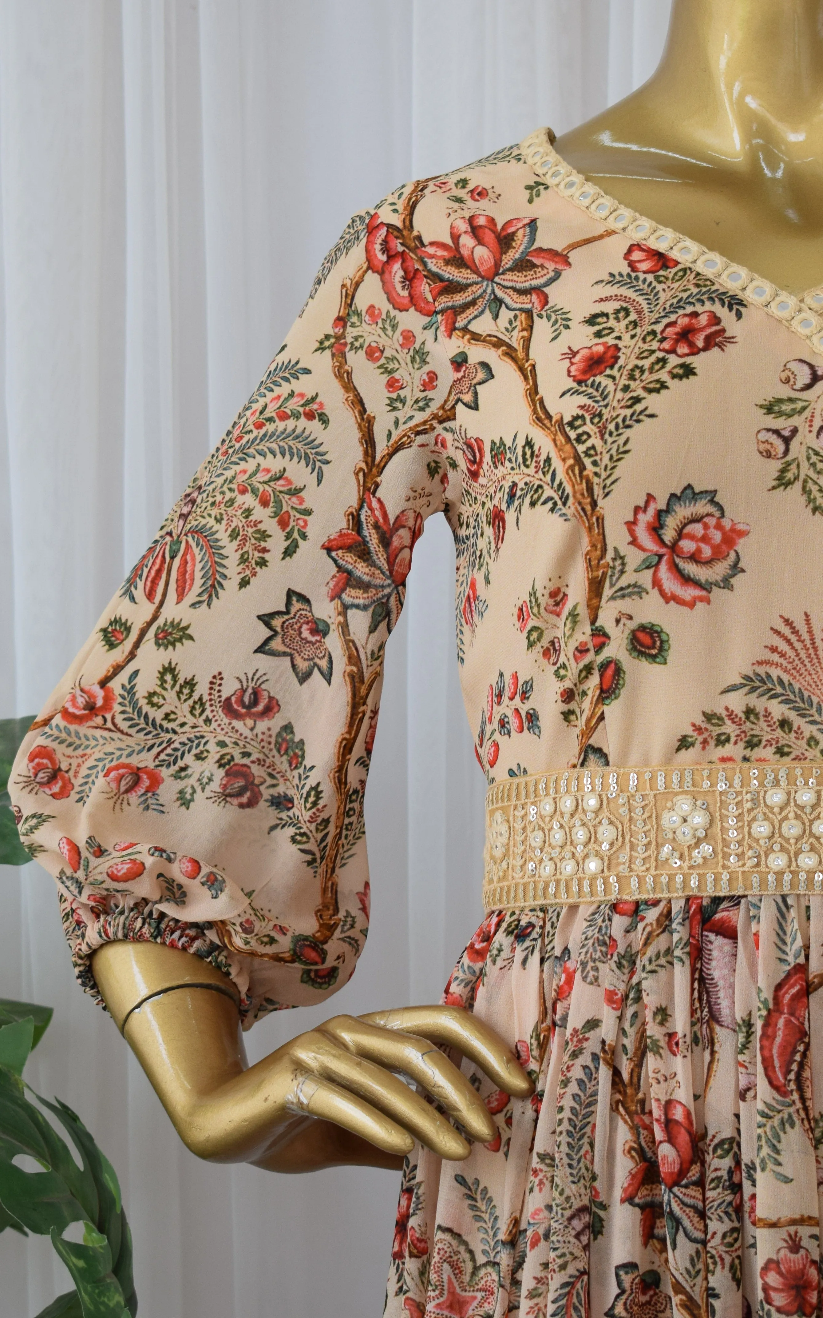 Beige Red Floral Printed Georgette Mirrorwork Jumpsuit