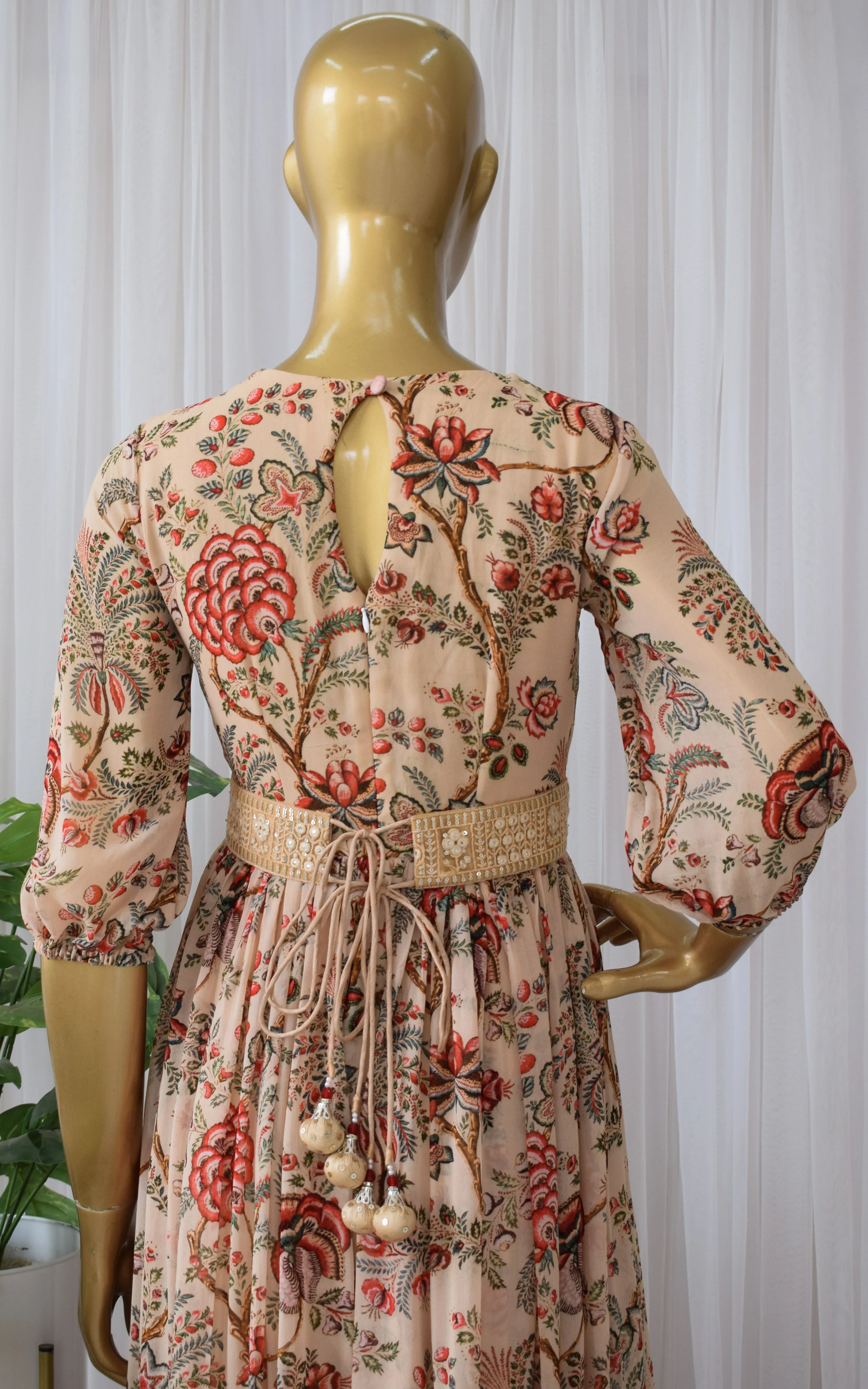 Beige Red Floral Printed Georgette Mirrorwork Jumpsuit