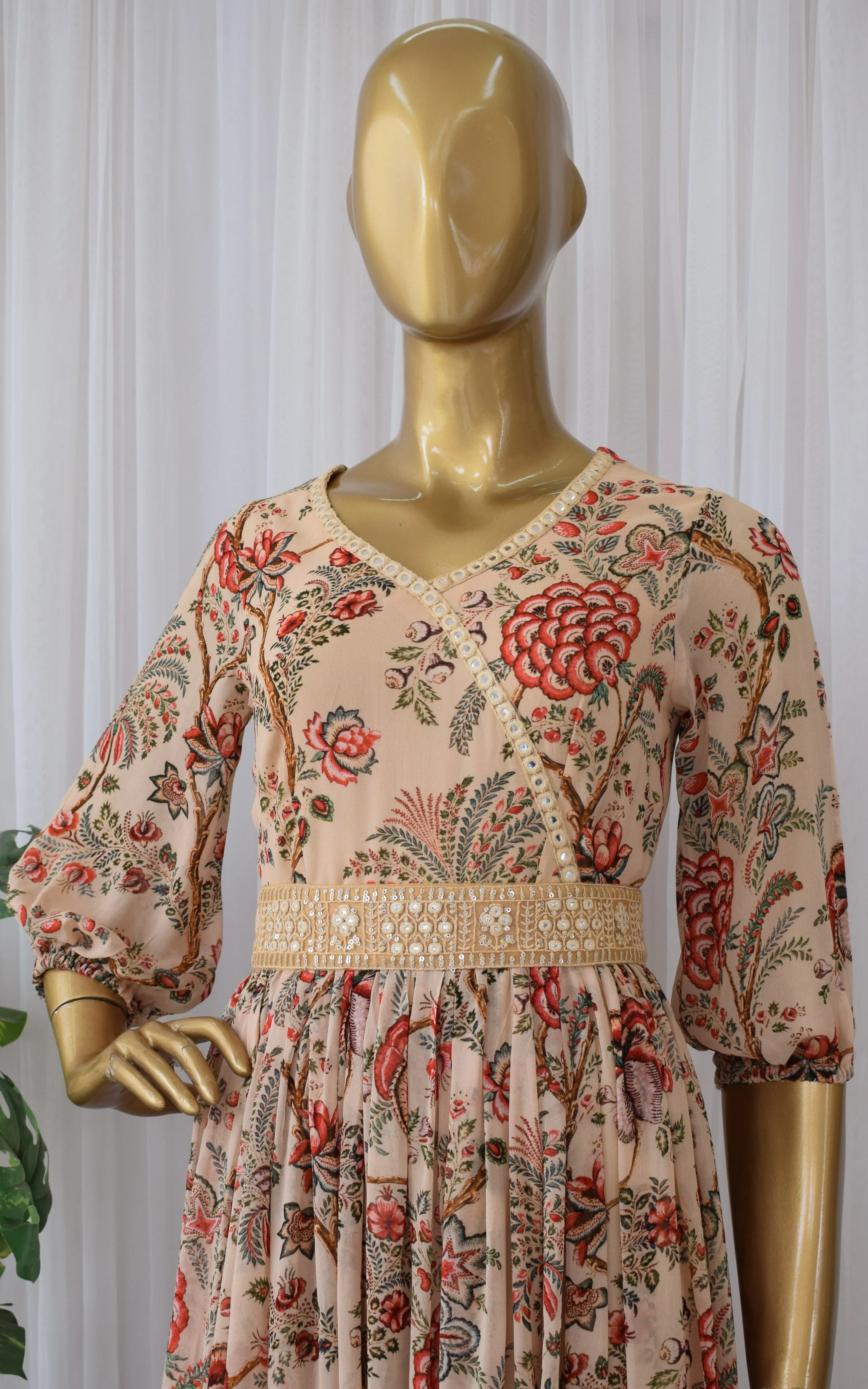 Beige Red Floral Printed Georgette Mirrorwork Jumpsuit