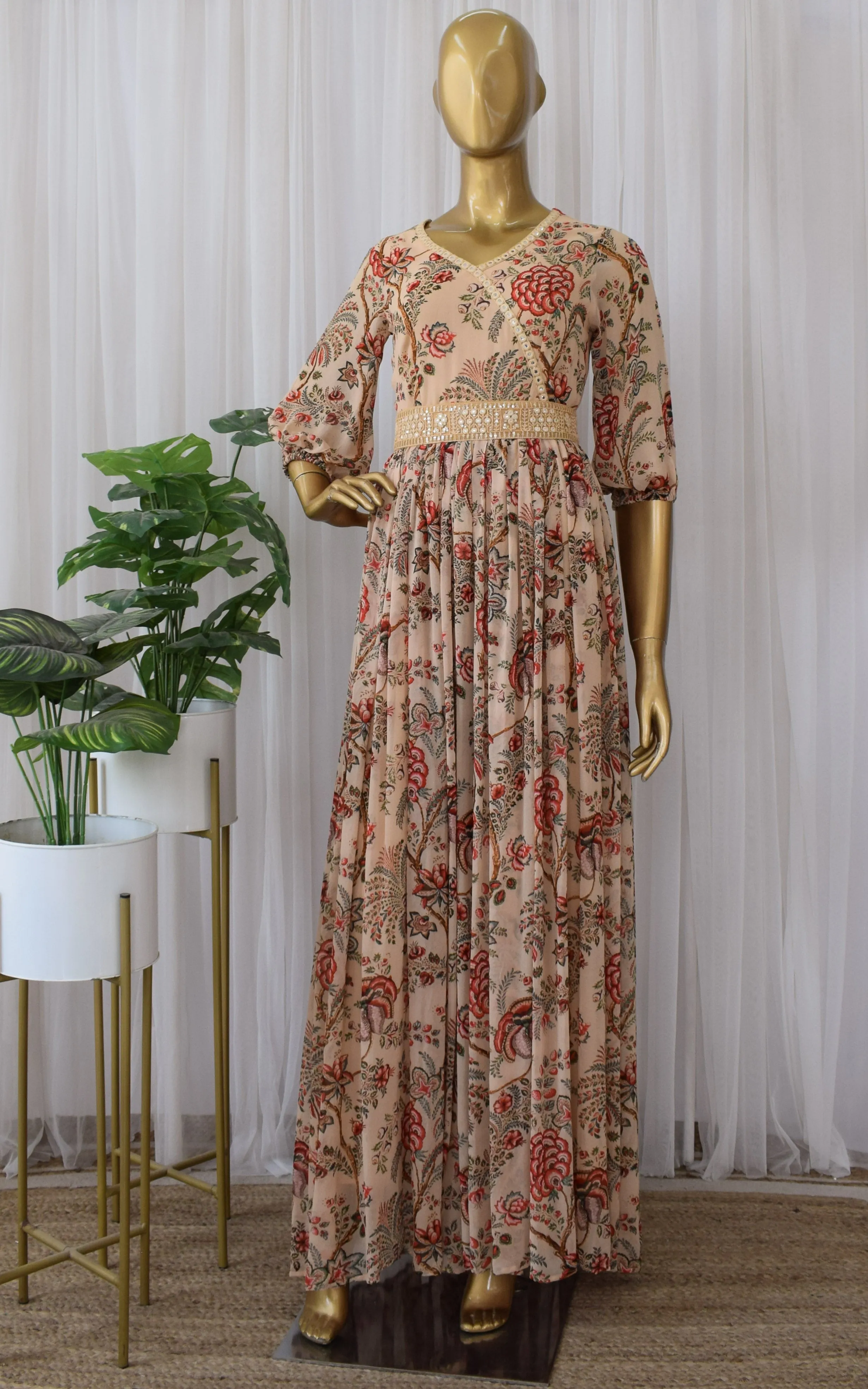 Beige Red Floral Printed Georgette Mirrorwork Jumpsuit