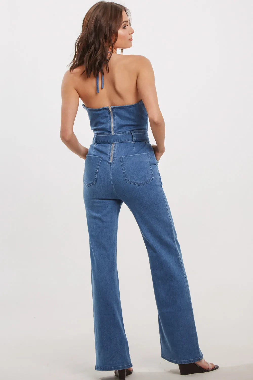 Belted Flare Denim Jumpsuit Indigo