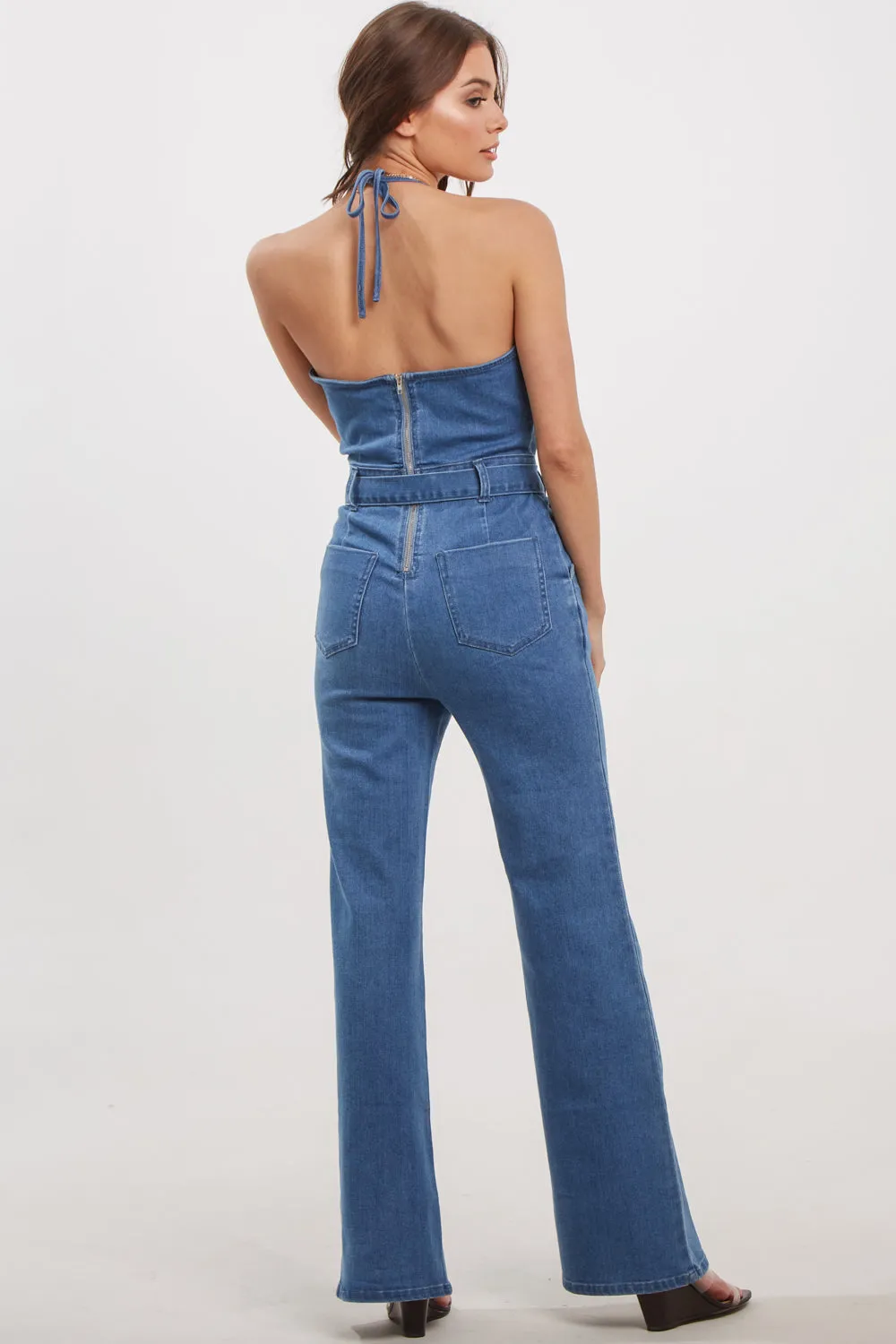 Belted Flare Denim Jumpsuit Indigo