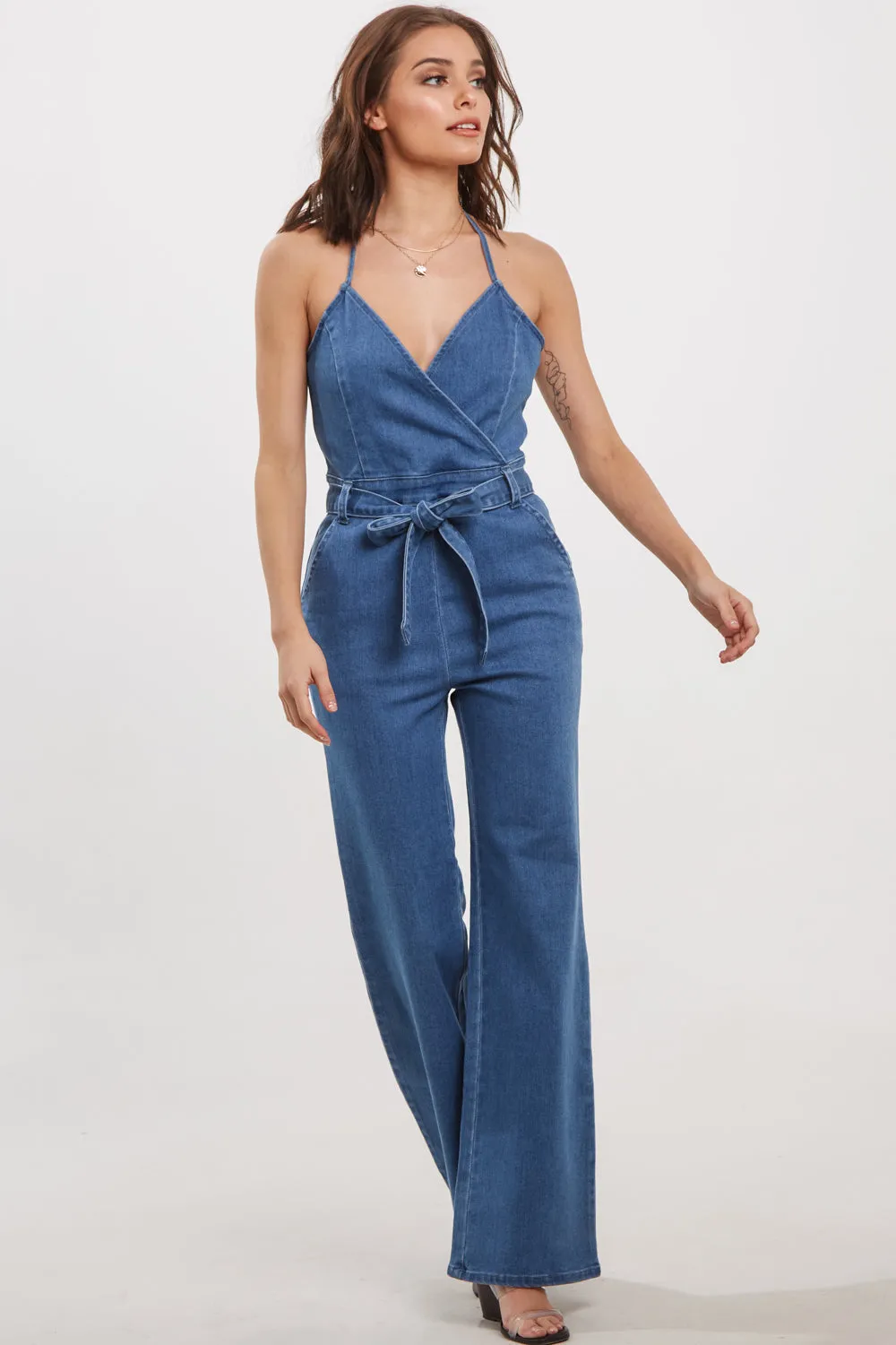 Belted Flare Denim Jumpsuit Indigo