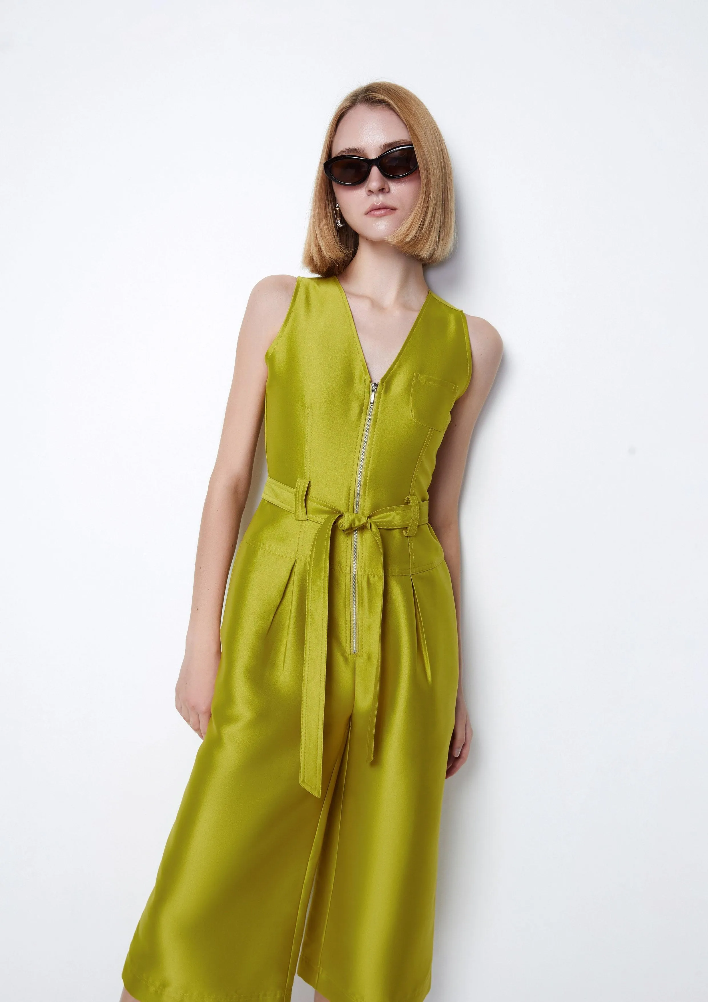 Belted Satin Sleeveless Jumpsuit