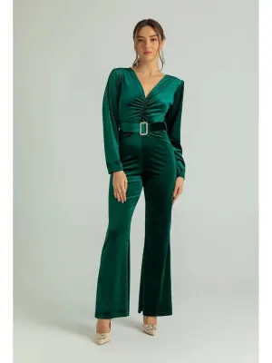 Belted Velvet Jumpsuit – Emerald Green