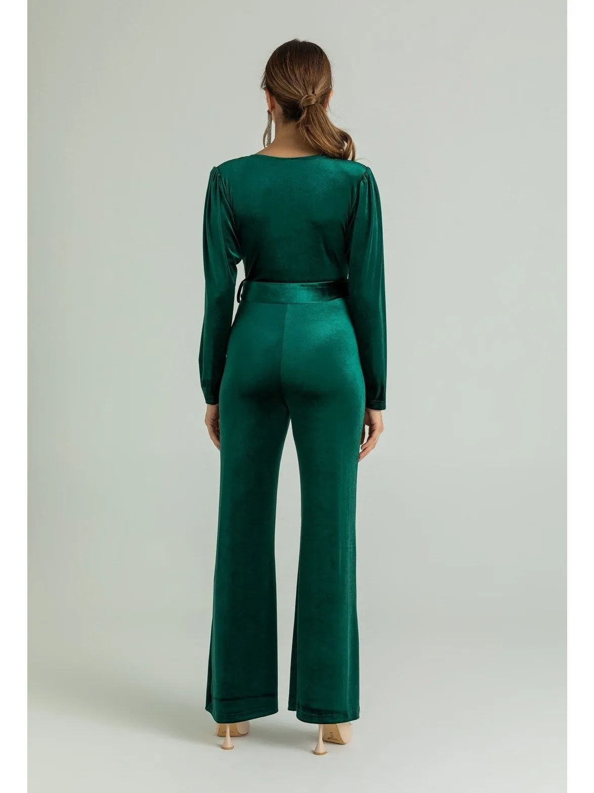 Belted Velvet Jumpsuit – Emerald Green