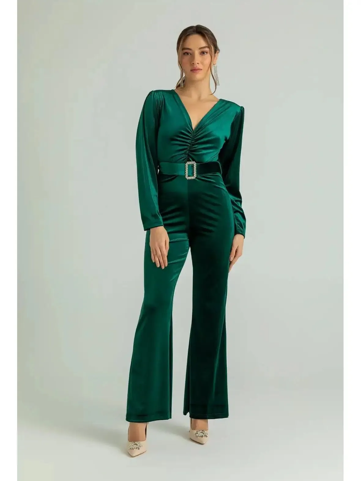 Belted Velvet Jumpsuit – Emerald Green