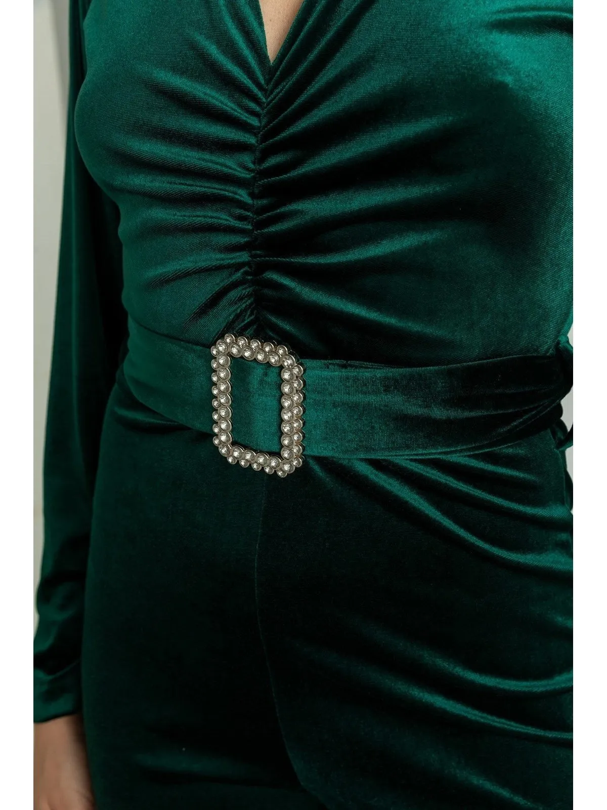 Belted Velvet Jumpsuit – Emerald Green