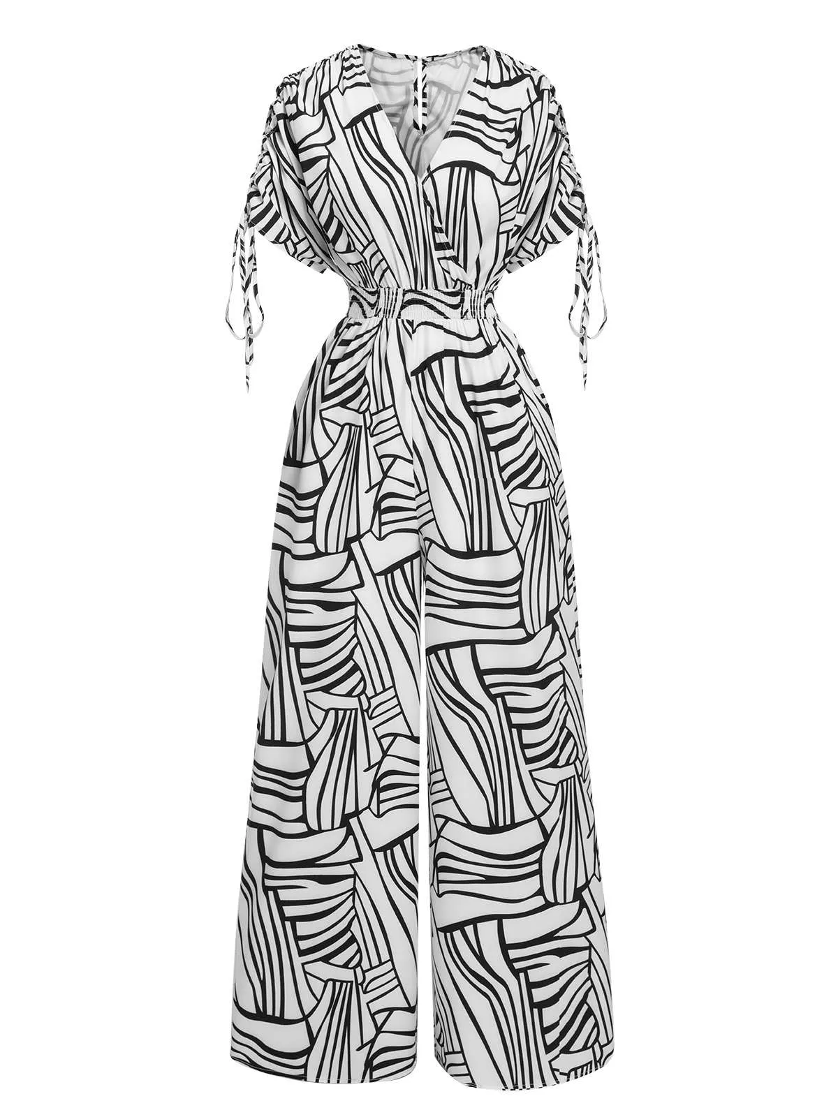 Black & White 1930s Geometric V-Neck Jumpsuit