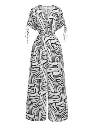 Black & White 1930s Geometric V-Neck Jumpsuit