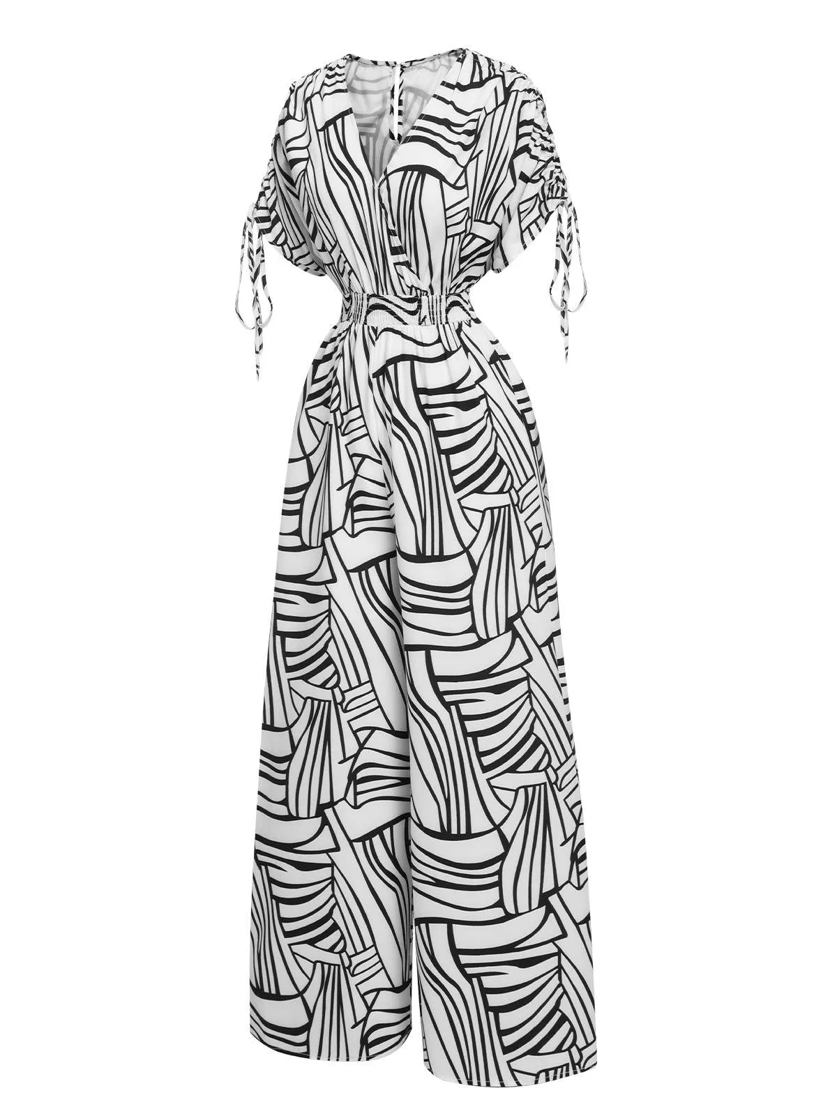 Black & White 1930s Geometric V-Neck Jumpsuit