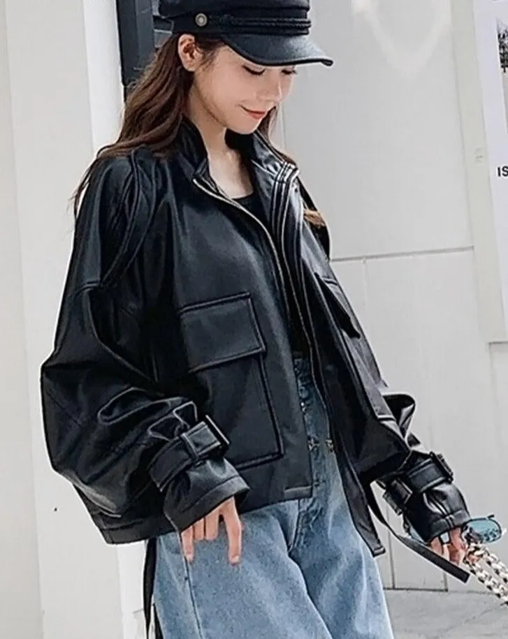 Black Leather Jacket | Women Leather Jacket | Long Sleeve Short Jacket |Korean Style Jacket | Black Oversized Jacket | Casual Leather Jacket