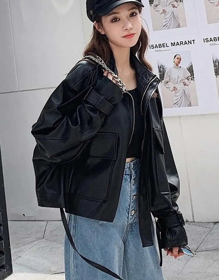Black Leather Jacket | Women Leather Jacket | Long Sleeve Short Jacket |Korean Style Jacket | Black Oversized Jacket | Casual Leather Jacket
