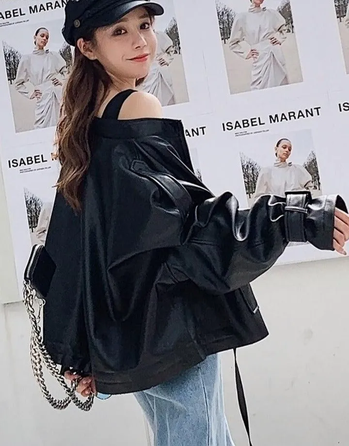 Black Leather Jacket | Women Leather Jacket | Long Sleeve Short Jacket |Korean Style Jacket | Black Oversized Jacket | Casual Leather Jacket