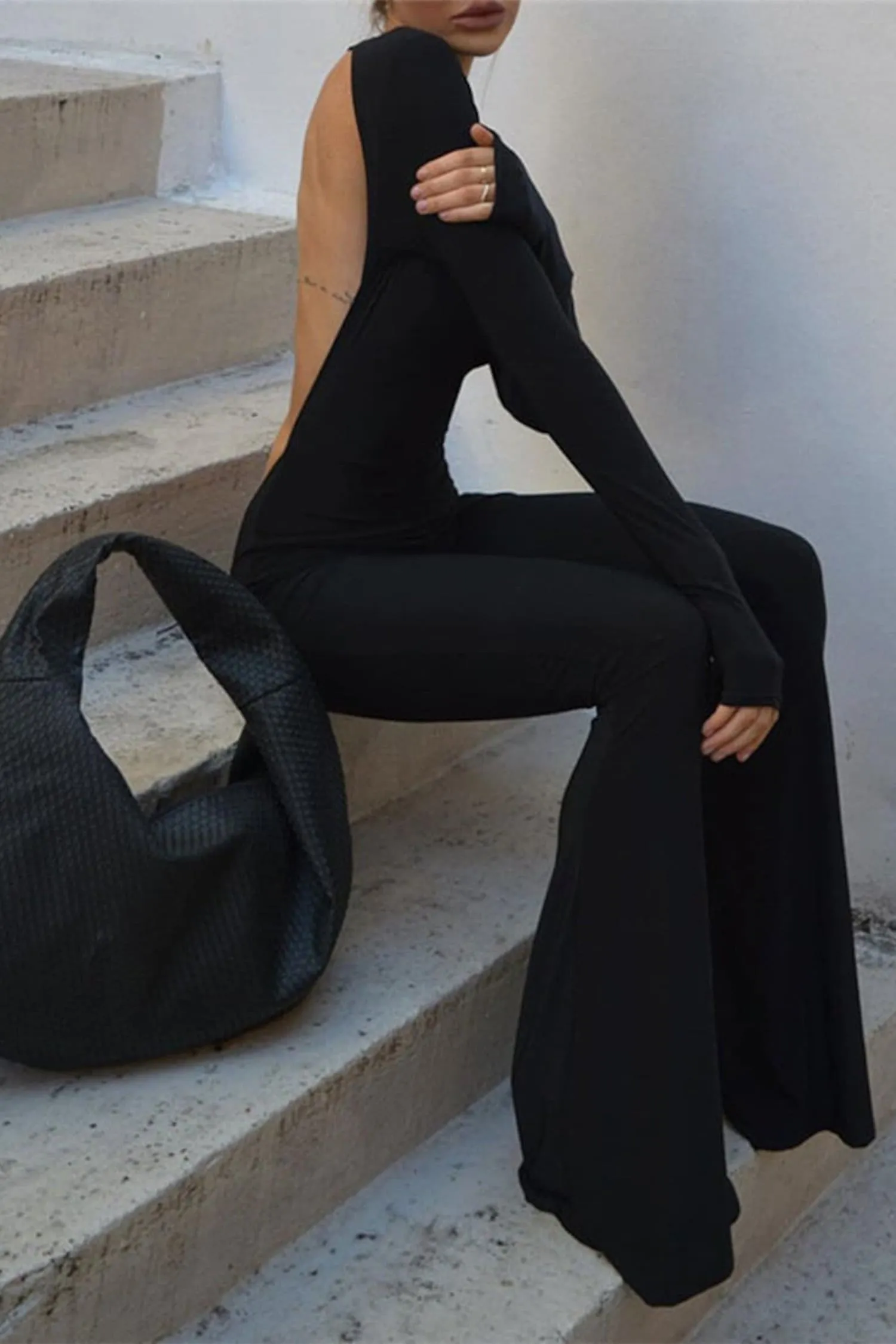 Black Long Sleeve Flare Backless Jumpsuit