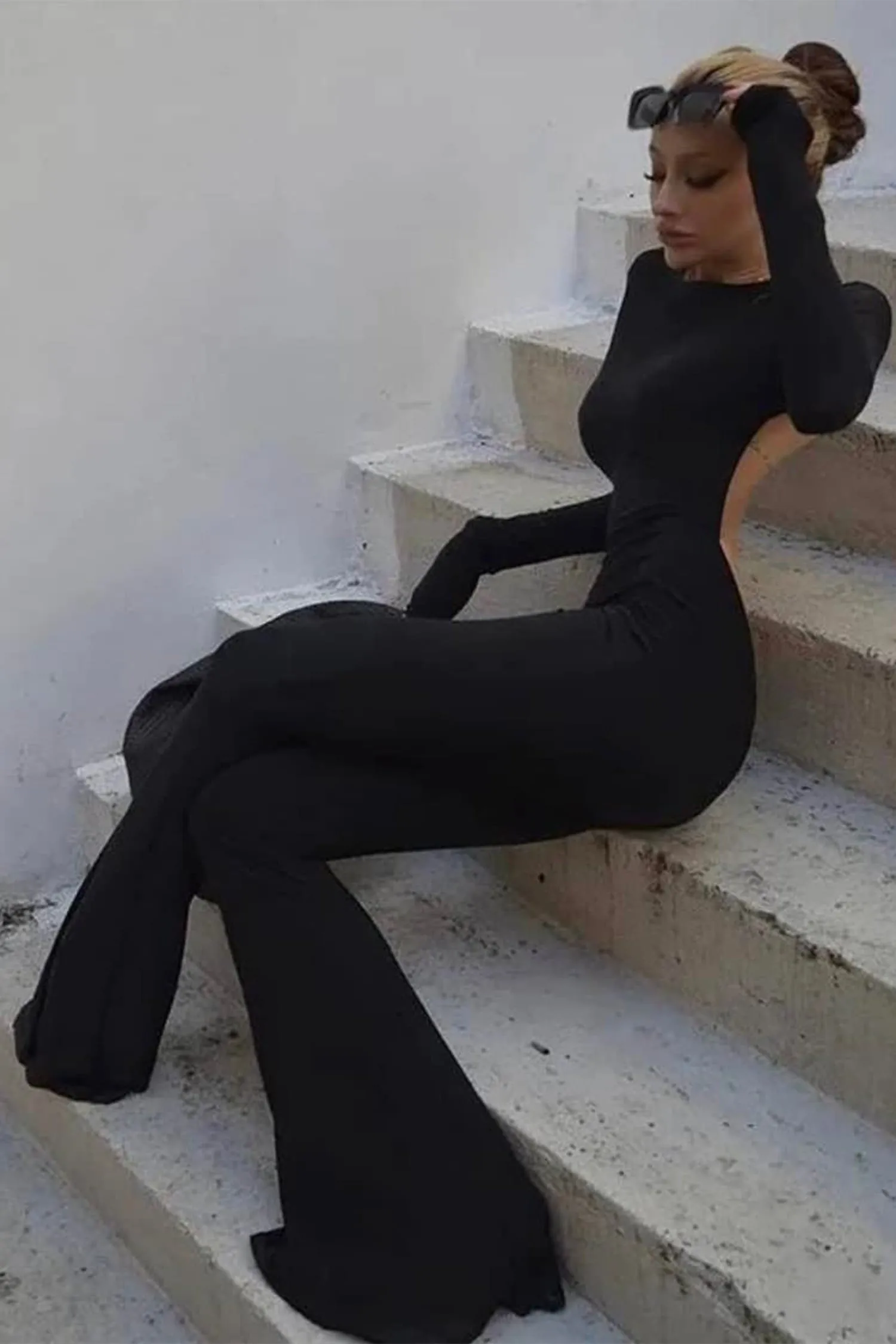 Black Long Sleeve Flare Backless Jumpsuit