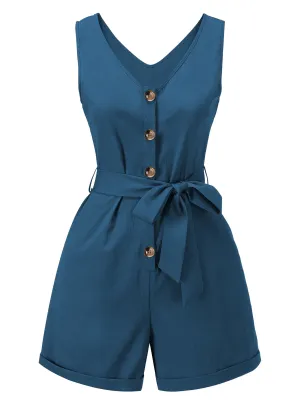 Blue 1950s V-Neck Button Waist Tie Romper