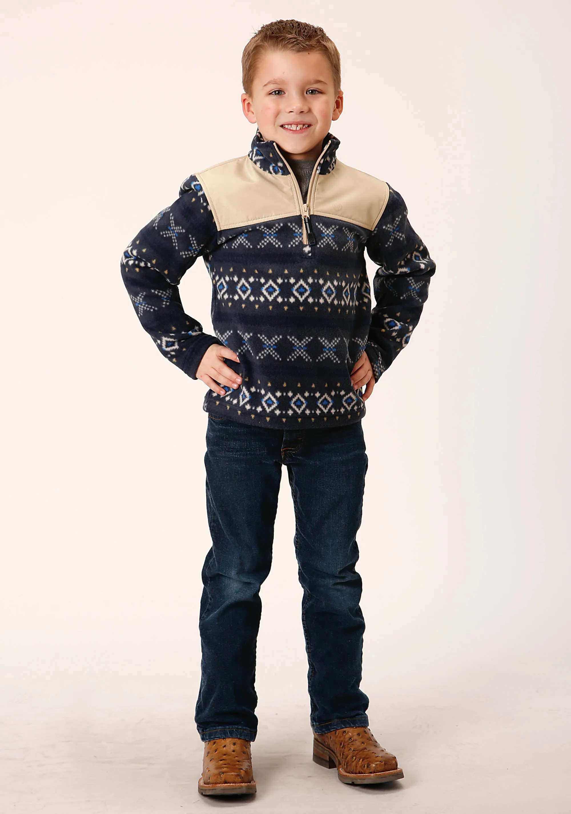 BOYS POLAR FLEECE  NAVY AZTEC PRINT PULLOVER